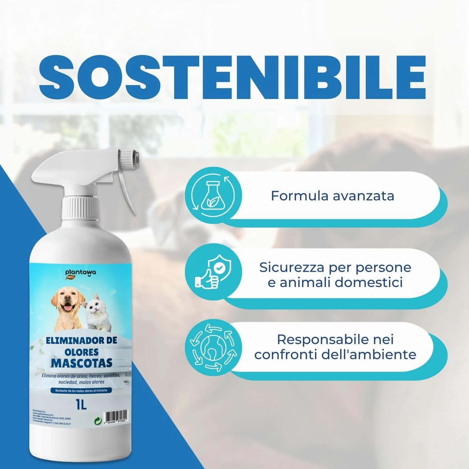 PLANTAWA Eliminatore di Odori di Animali Domestici Spray 1L | Eliminare Odore pipì Cane | Detergente Enzimatico urina Gatto, feci e Vomito | Repellente Naturale | Sicuro per Varie superfici e Tessuti