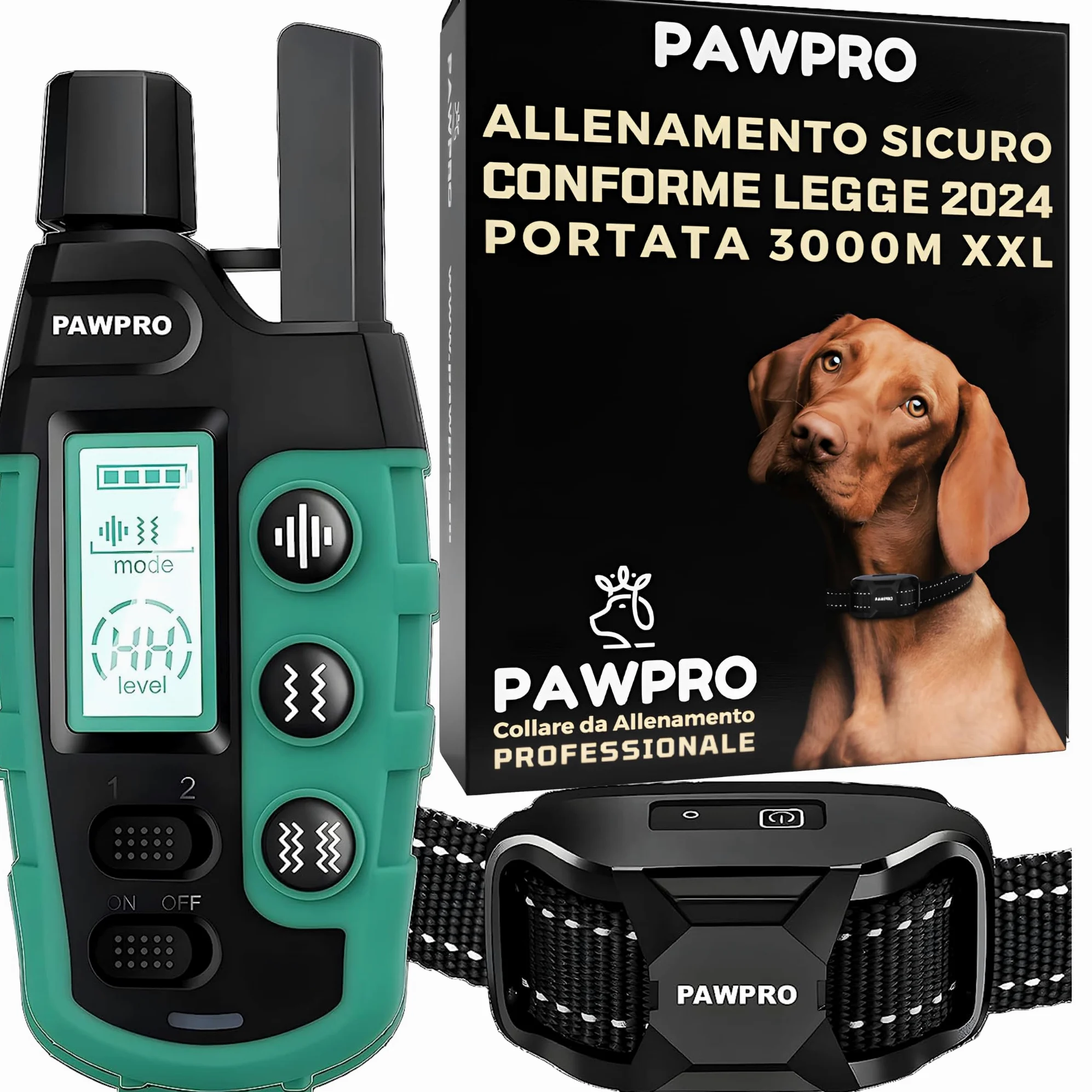 PAWPRO Collare da Addestramento per Cani | Portata XXL di 3000 m | Conforme Nuova Legge Benessere Animali 2024 | 3 moda Beep, Vibrazione, Boost Vibrazione | Per cani di Tutte le Taglie | Manuale IT