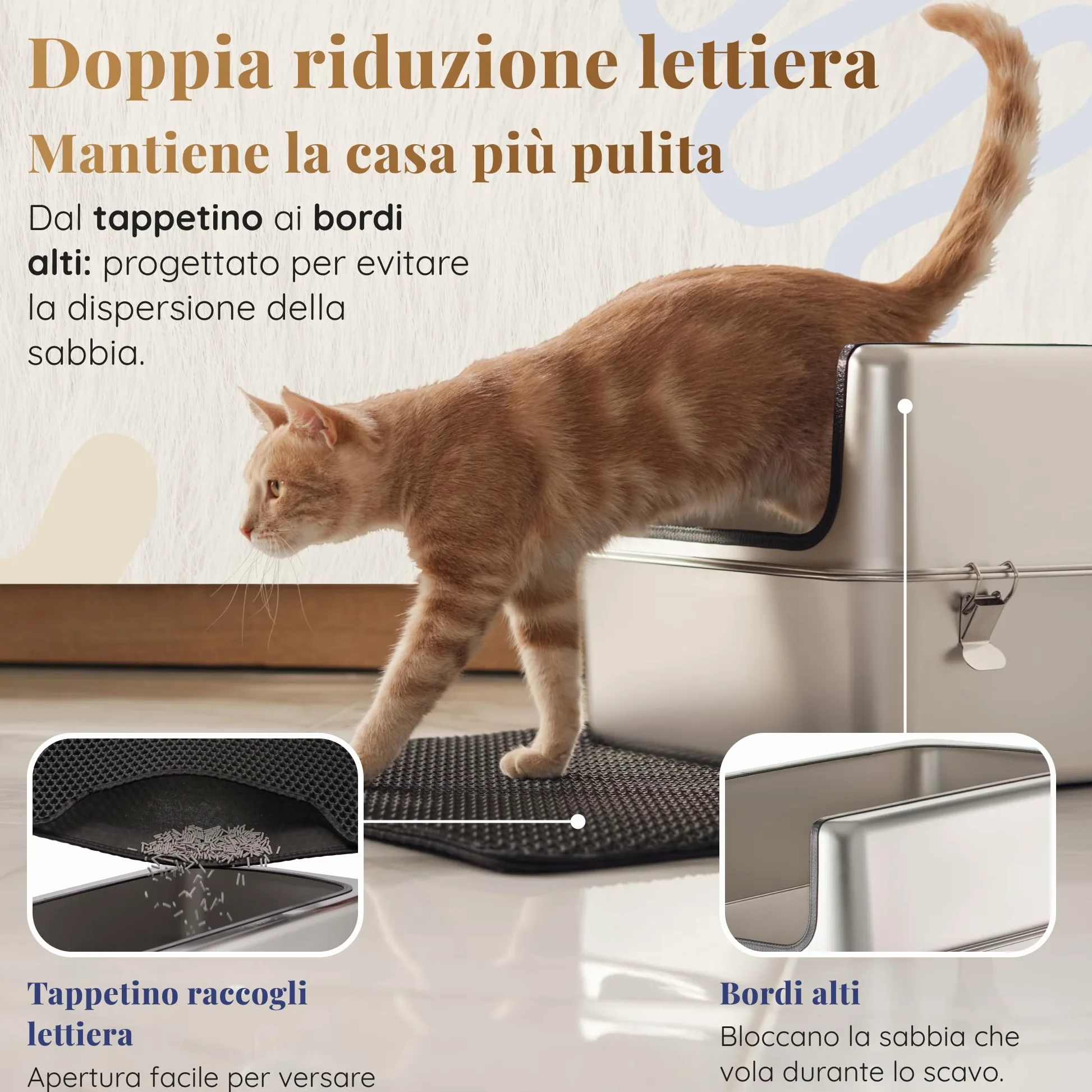 Lettiera Acciaio Inox – Inodore e Antiaderente – La Cassetta Gatto Inox XXL – Capacità 38L – Lettiere in acciaio per gatti – Con Paletta e Tappetino per Lettiera – 60 × 40 × 32 cm