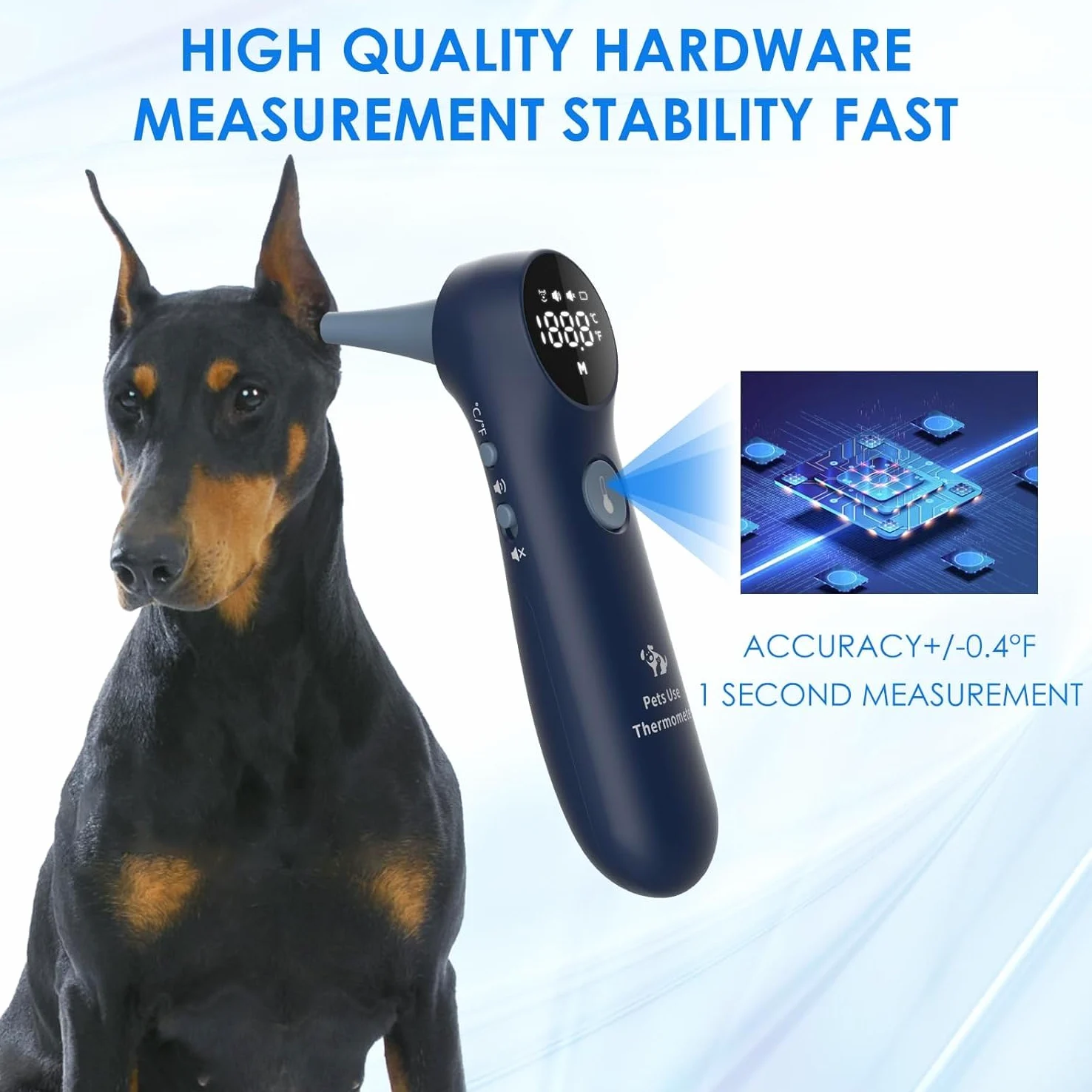 Termometro auricolare per animali domestici 2023NEW, sonda lunga per condotto uditivo per animali domestici, conversione ℃/℉ e pulsante dedicato per il cambio del suono, veloce e preciso