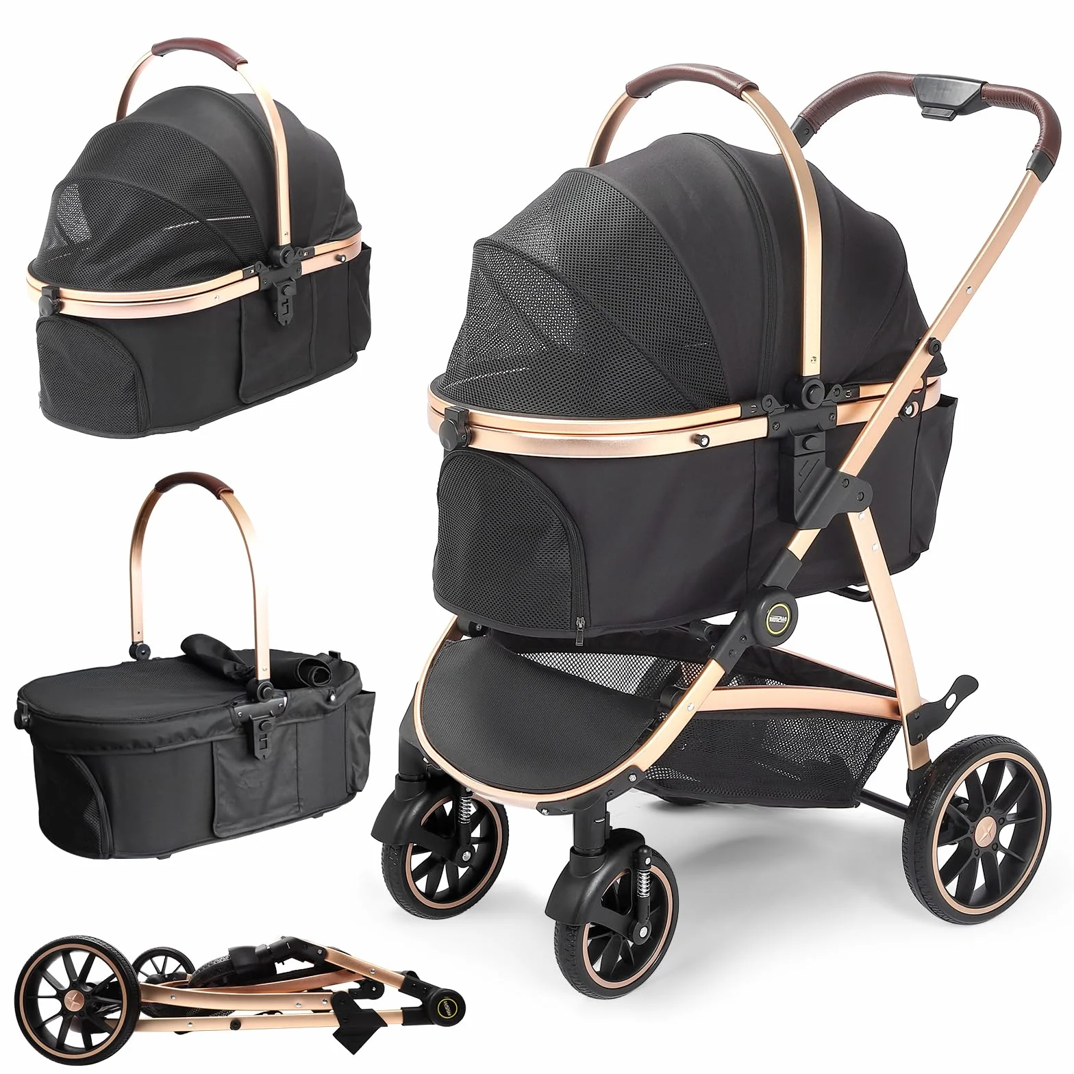 Passeggino per Cani 4 in 1 fino 25 Kg,Telaio in alluminio anodizzato 100% pieghevole,ruote gomma schiumosa 360°,Staccabili,adatto per cani e gatti di medie e piccole taglie, Marrone