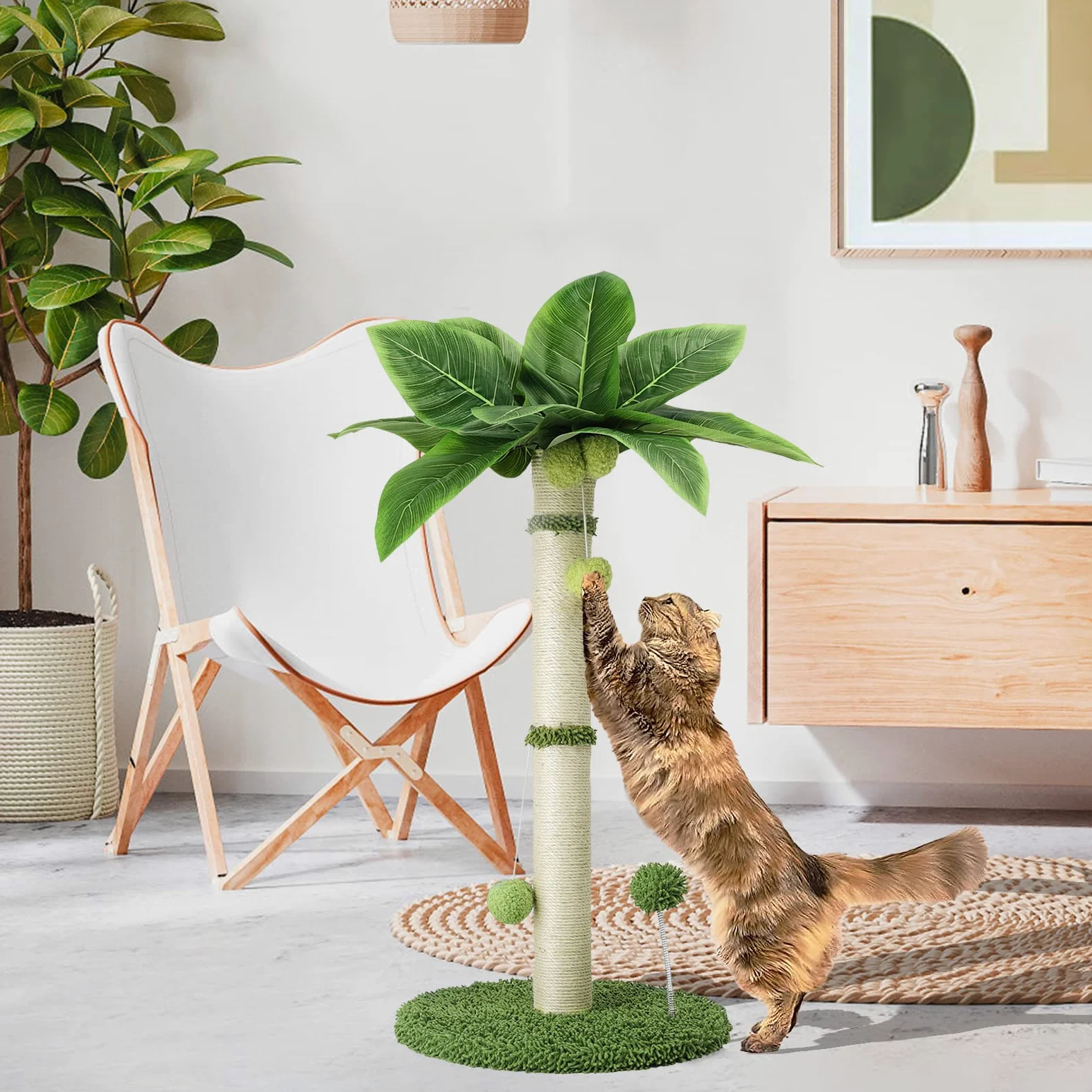Tiragraffi Per Gatti Rampicante In Sisal Premium, Con Foglie Palla Appesa E Palla A Molla, Adatto A Interno (65cm)