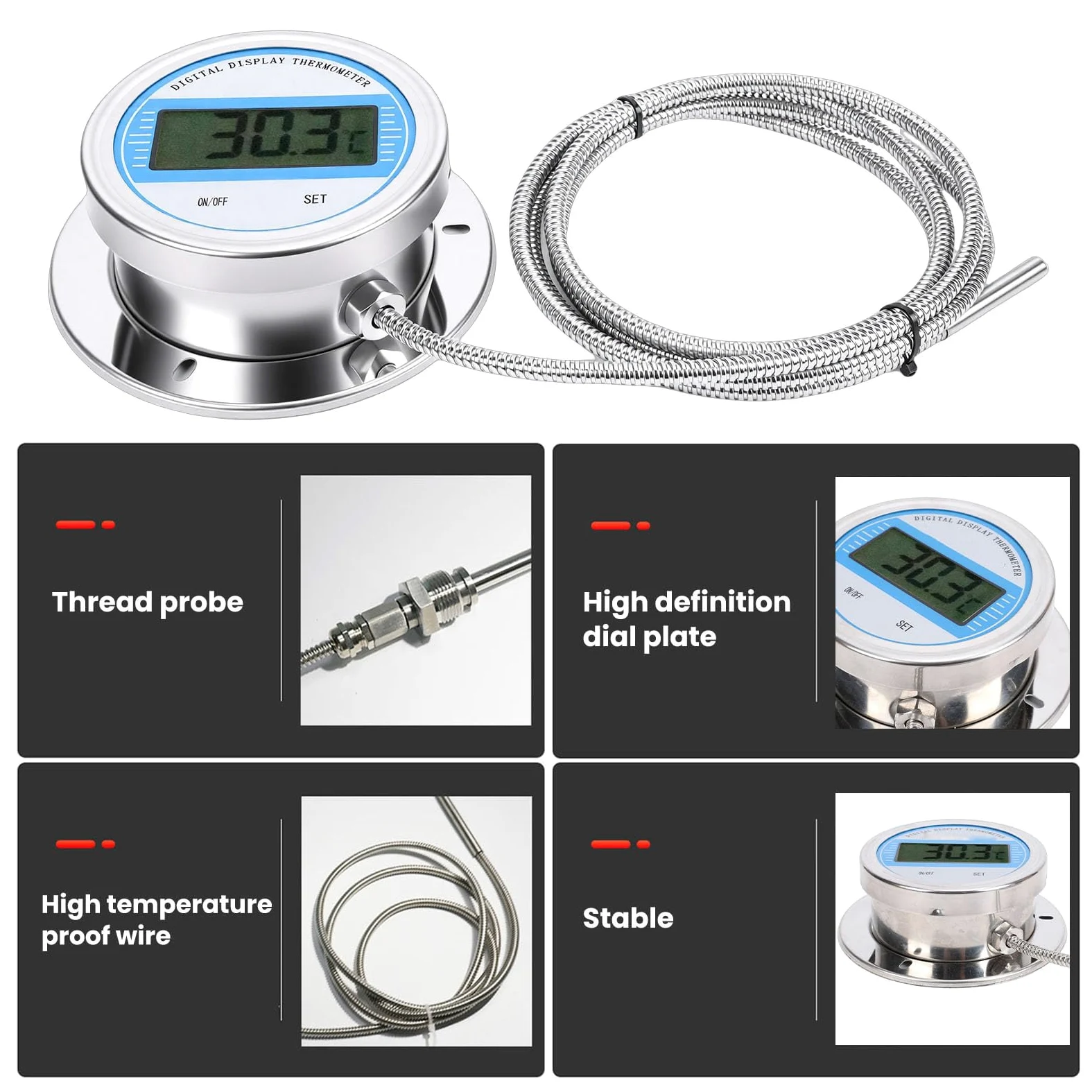 Eujgoov Termometro Digitale Ad Alta Precisione da -50 a 200°C, Indicatore di Temperatura in Acciaio Inossidabile con Sonda da 3 Metri, Sensore Filettato per Cottura di Tubi di Caldaia