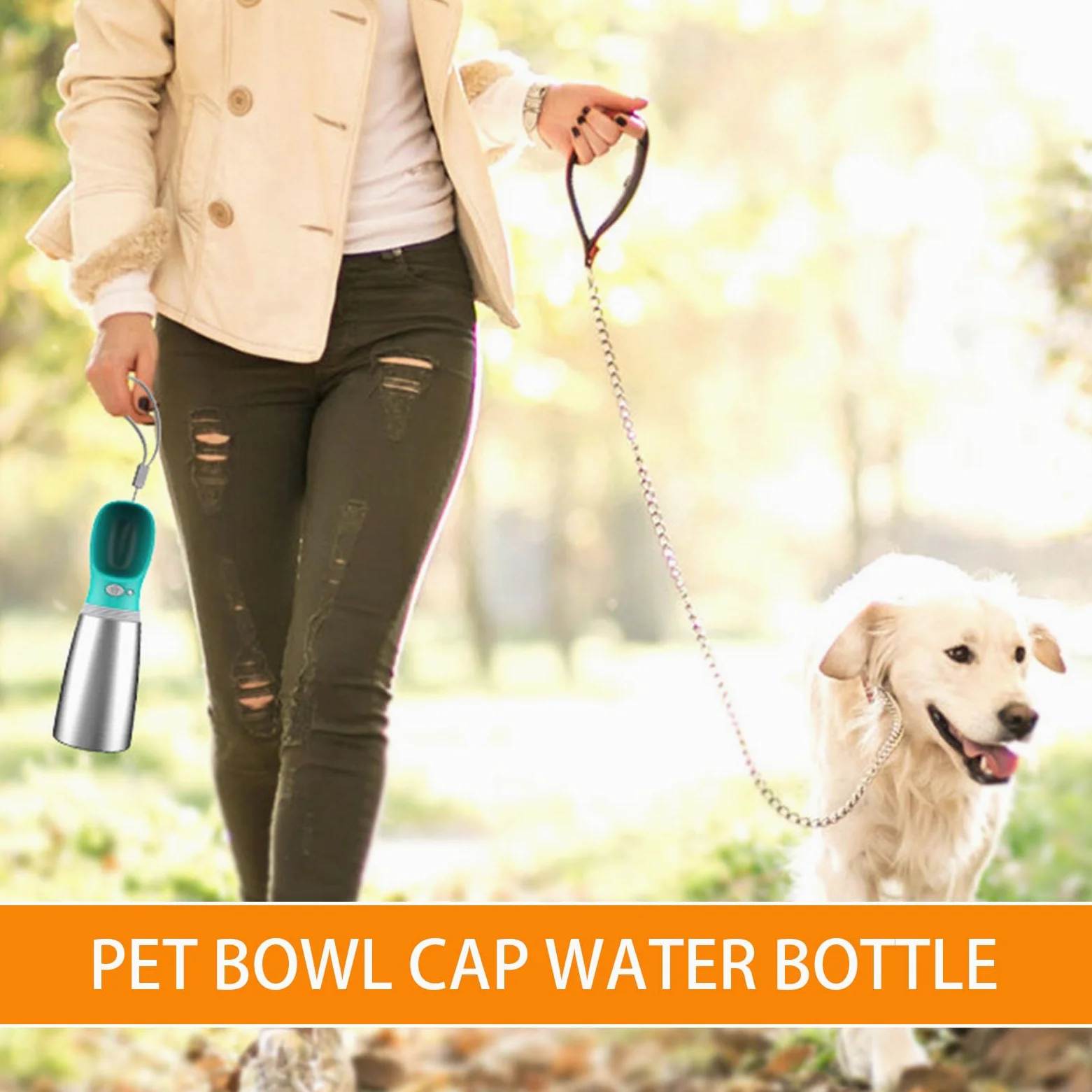 Bottiglia d'acqua da viaggio per cani, dispenser di idratazione per animali domestici, bottiglia in acciaio a prova di perdite con pieghevole, contenitore portatile per bevande all'aperto