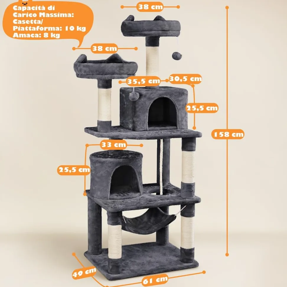 Yaheetech Albero Tiragraffi per Gatti Adulti Grandi Medi con Giocattolo Gioco Palle in Corda Sisal Naturale 61 x 49 x 158 cm Grigio Scuro