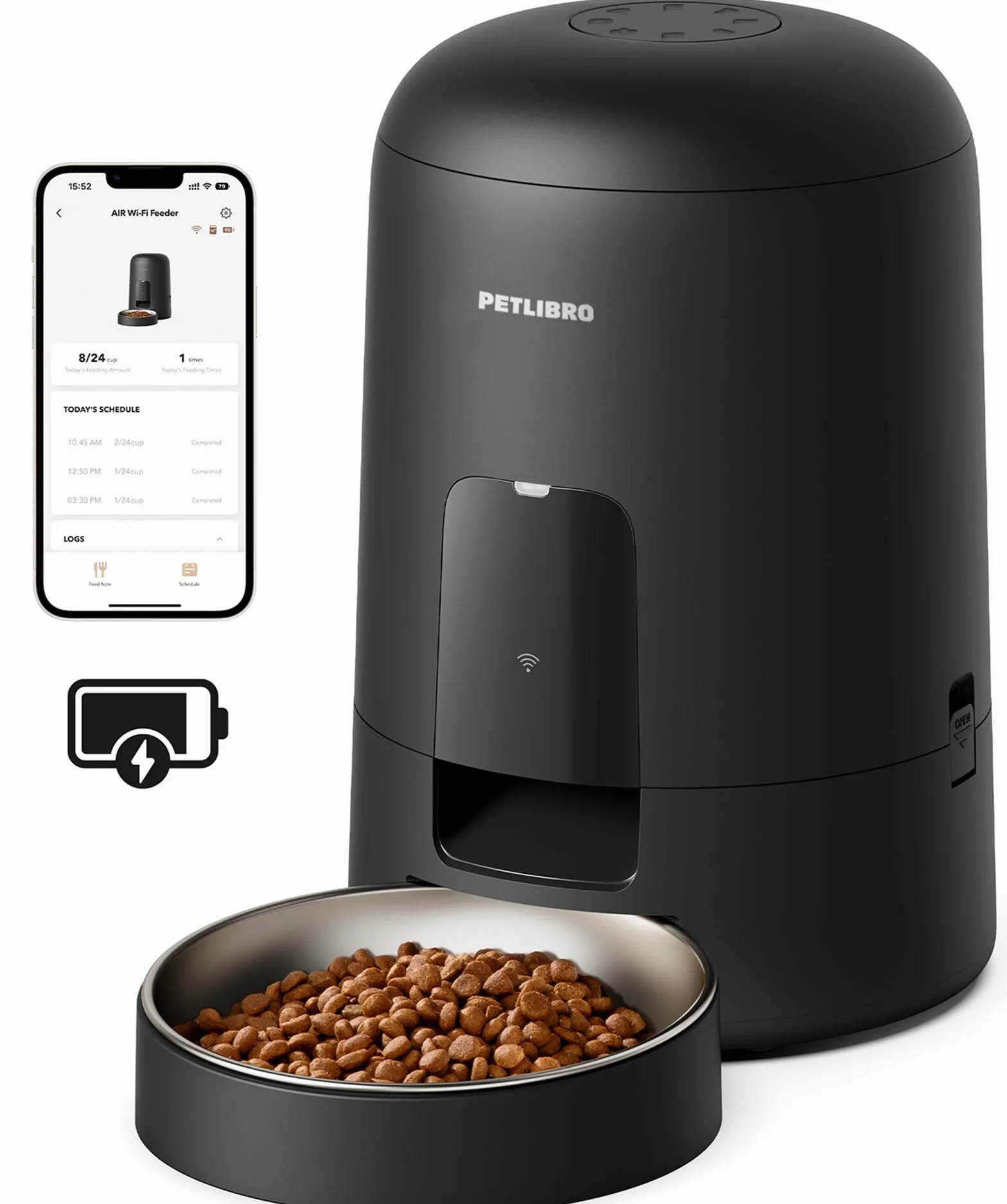 PETLIBRO 2.4G WiFi Distributore Automatico Cibo Gatti con Batteria, Distributore Automatico Cibo Cani Senza Fili in Acciaio Inox, Mangiatoia Intelligente per Gatto, APP Controllo, 1-10 Pasti, 2L,Nero