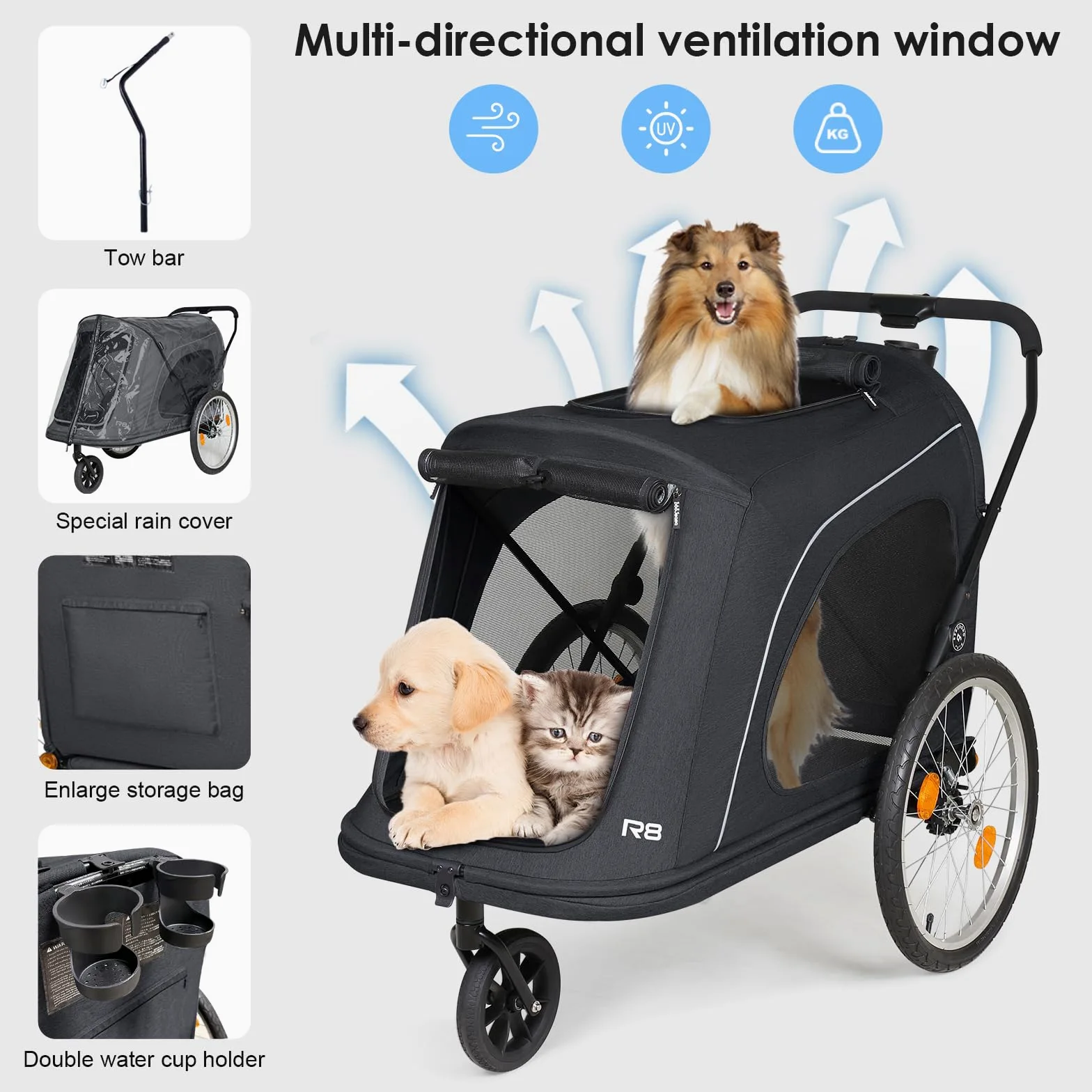 Beberoad 2 in 1 Rimorchio da Bicicletta e Passeggino per Cani, Rimorchio Bici per Cani con Porta Anteriore e Posteriore, Finestre a Rete e Tetto Apribile, Carico Massimo 45 kg