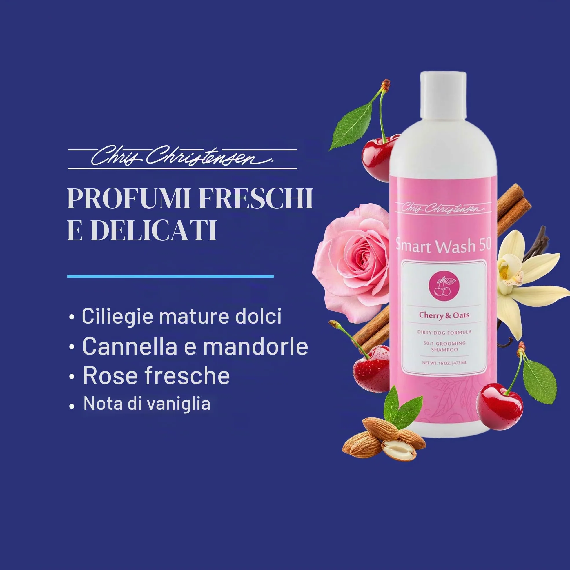 Chris Christensen Smartwash 50 Shampoo Cherry & Oats 3,8L – Ultra Concentrato 50:1, Detergente Idratante con Ciliegia e Avena, per Tutti i Tipi di Manto, Uso Professionale Cani e Gatti