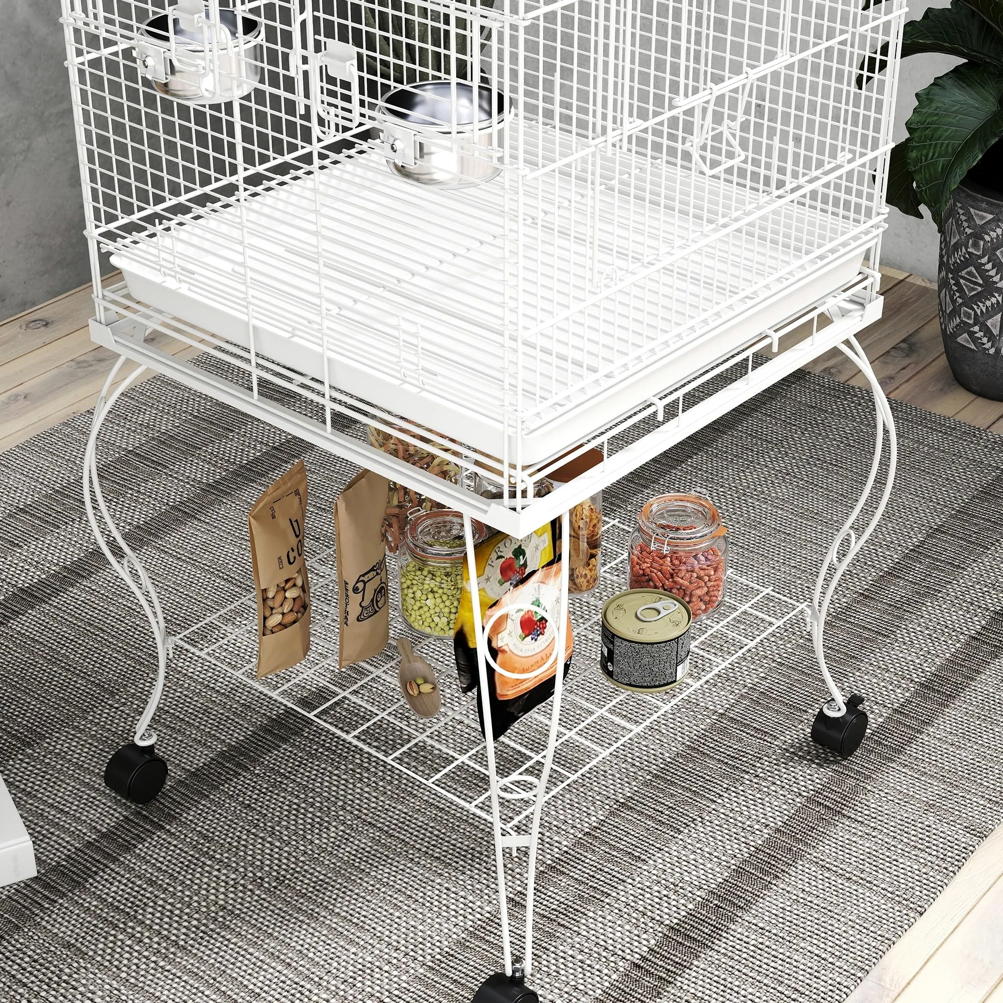 PawHut Gabbia per uccelli con ruote e ripiano, 51x51x153 cm, gabbia grande con parte superiore ribaltabile, 2 mangiatoie, 2 posatoi, 4 porte e vassoio estraibile, per pappagalli e canarini, bianco