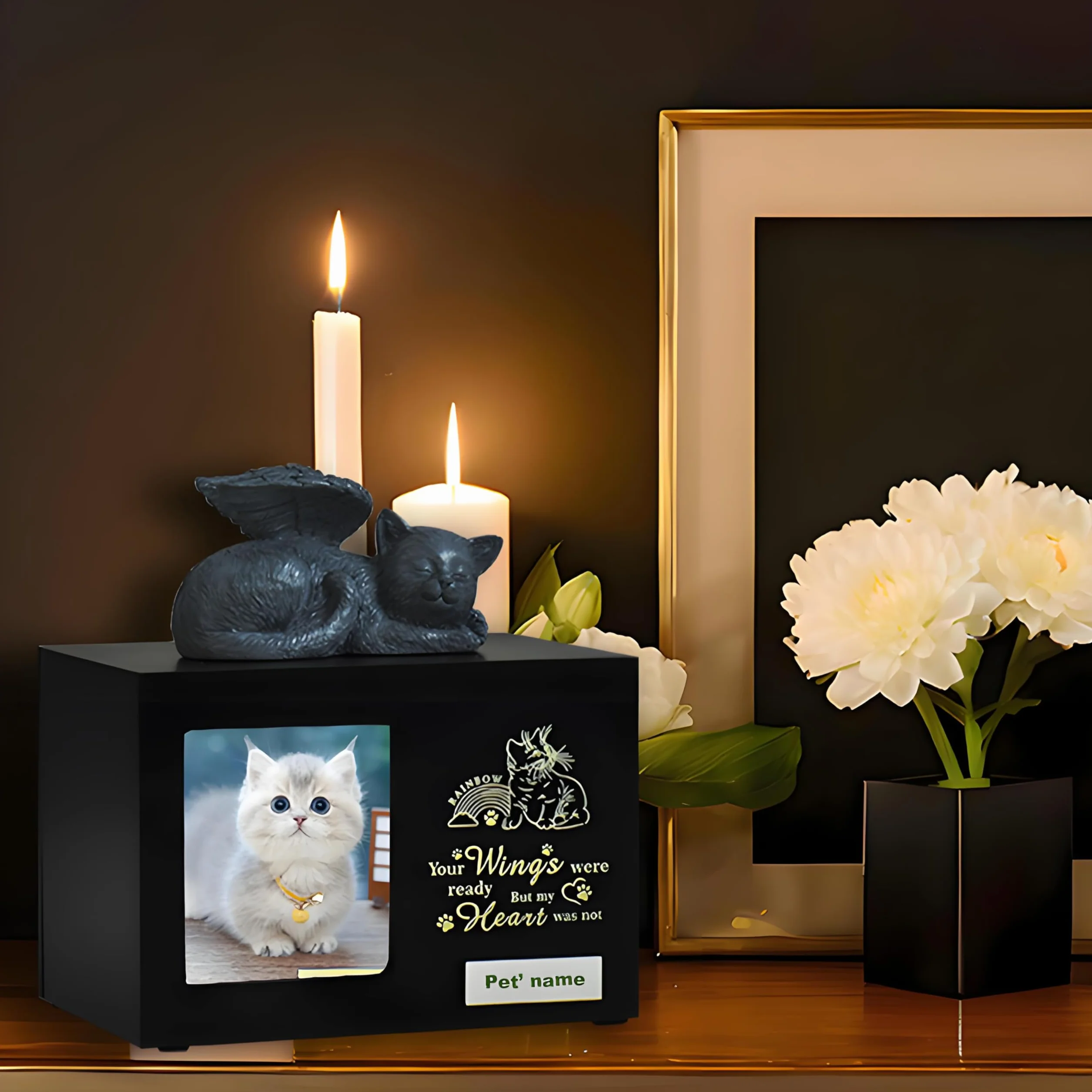 Urne per gatti personalizzate di woodurn in legno nero con foto, scatola per ceneri di animali domestici con capacità di 175 pollici cubi