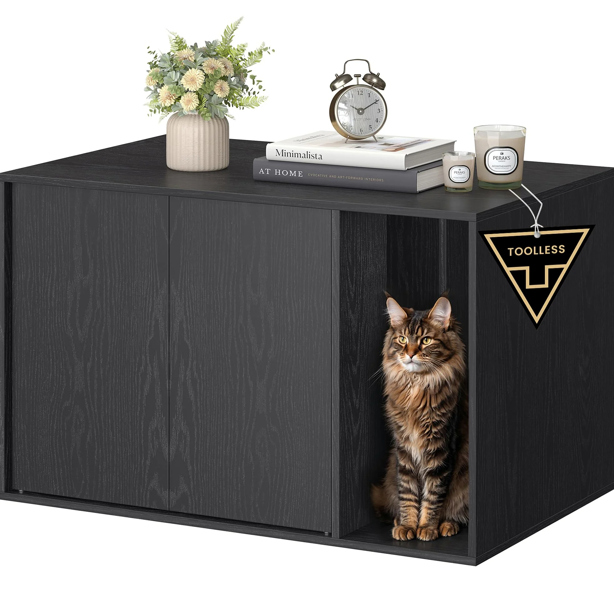 SONGMICS HOME Armadietto per Lettiera, Montaggio Rapido Senza Attrezzi Toolless, Casetta per Gatti Grandi, Porte a Spinta per Aprire, Tecnologia TOOLLESS, Nero Ebano PCL013B03