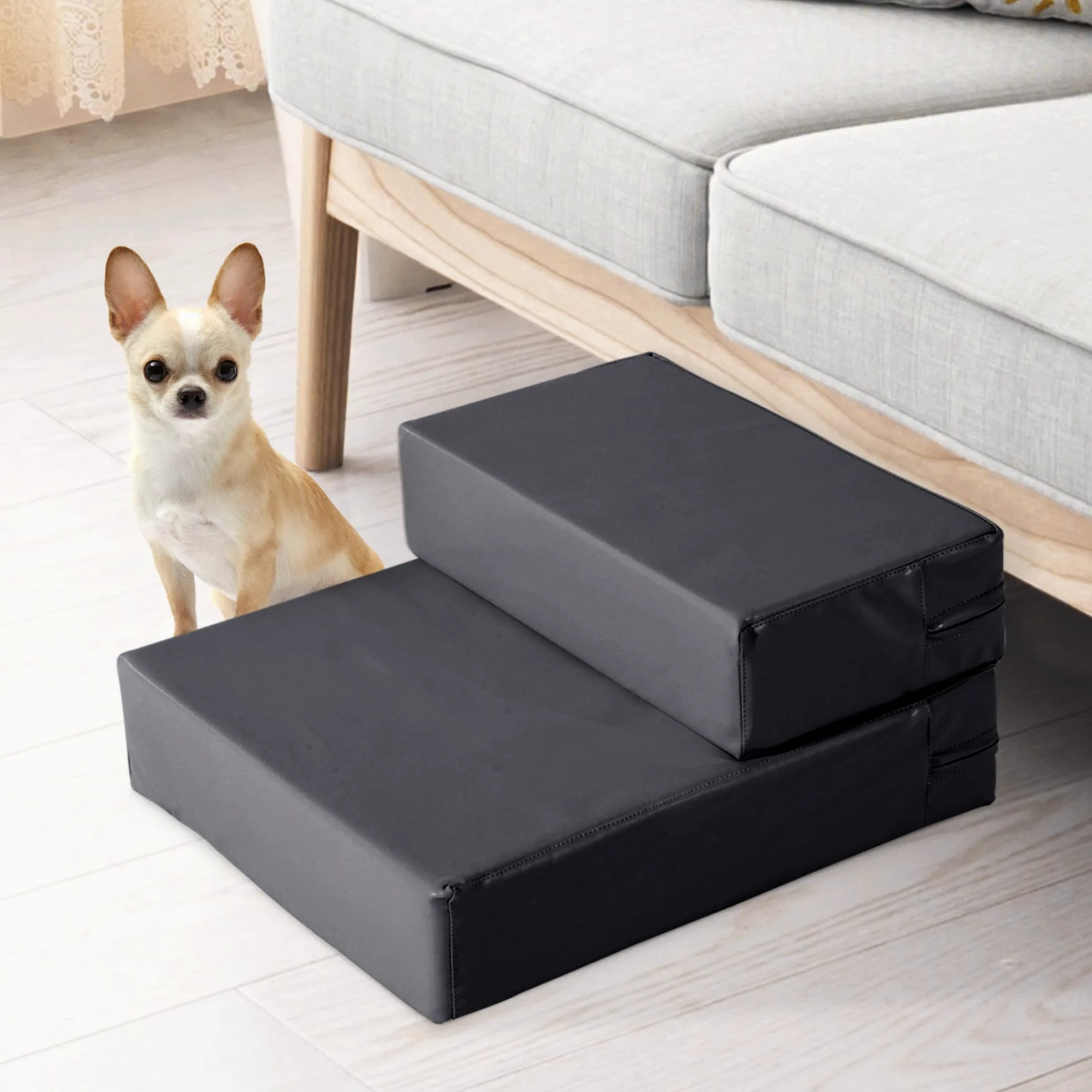 PawHut Scaletta per Cani a 2 Gradini con Cuscino, Scala per Cani in PU e Gommapiuma, 67x39x10 cm, Nero