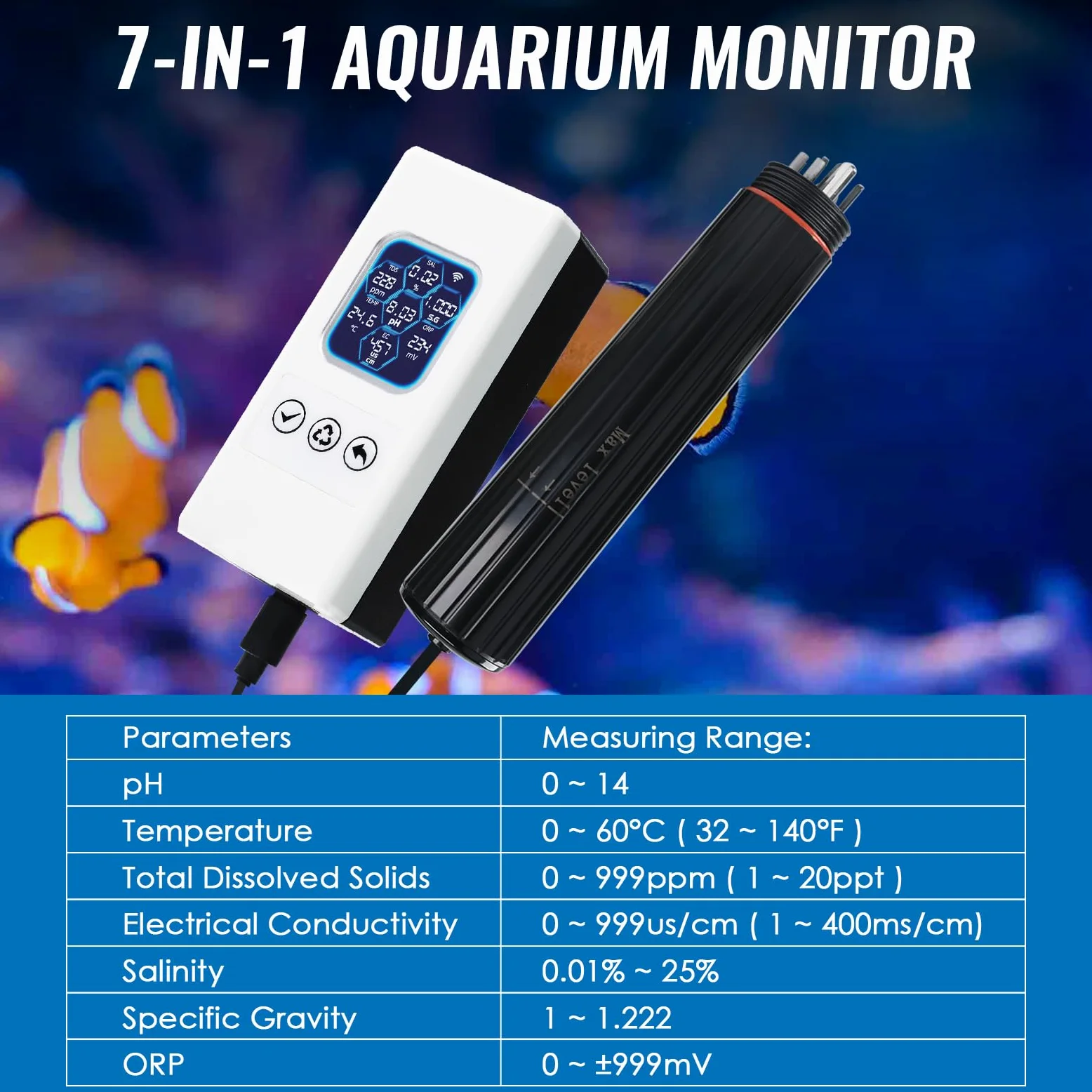 TEKCOPLUS Monitore di qualità dell'acqua 7 in 1 senza fili WiFi – pH/ORP/TDS/EC/Salinità/SG/Temp, App Tuya, avvisi in tempo reale, display a colori ATC per acquario, acqua dolce e acqua salata