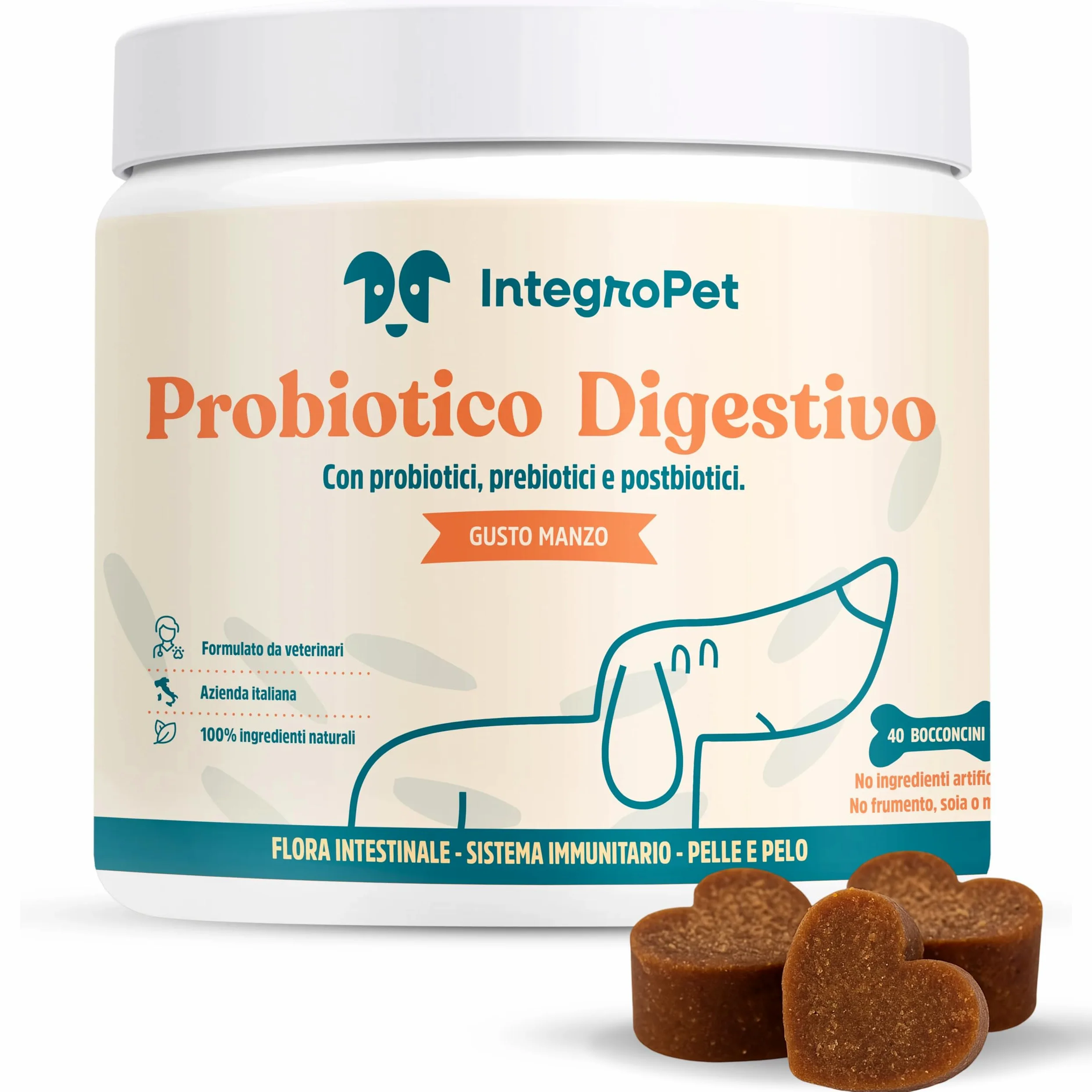 Probiotico per Cani Gusto Manzo - Integratori Probiotici per Cani per Intestino, Prurito e Sistema Immunitario (40 Bocconcini)