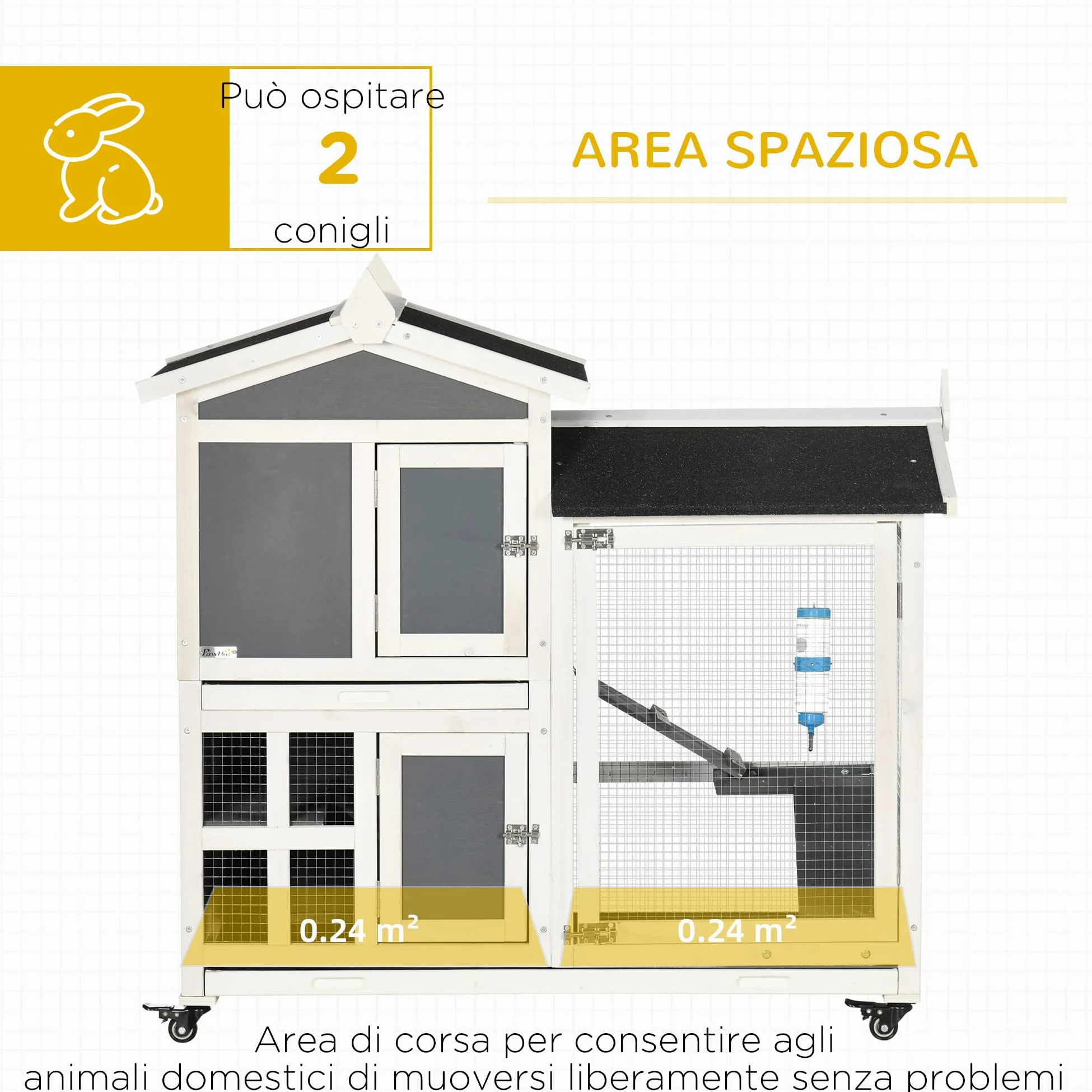 PawHut Conigliera da Esterno per 2 Conigli in Legno d'Abete e Tetto in Bitume con Vassoio Estraibile e Area di Corsa Condivisa, 110x60x104 cm, Grigia e Bianca