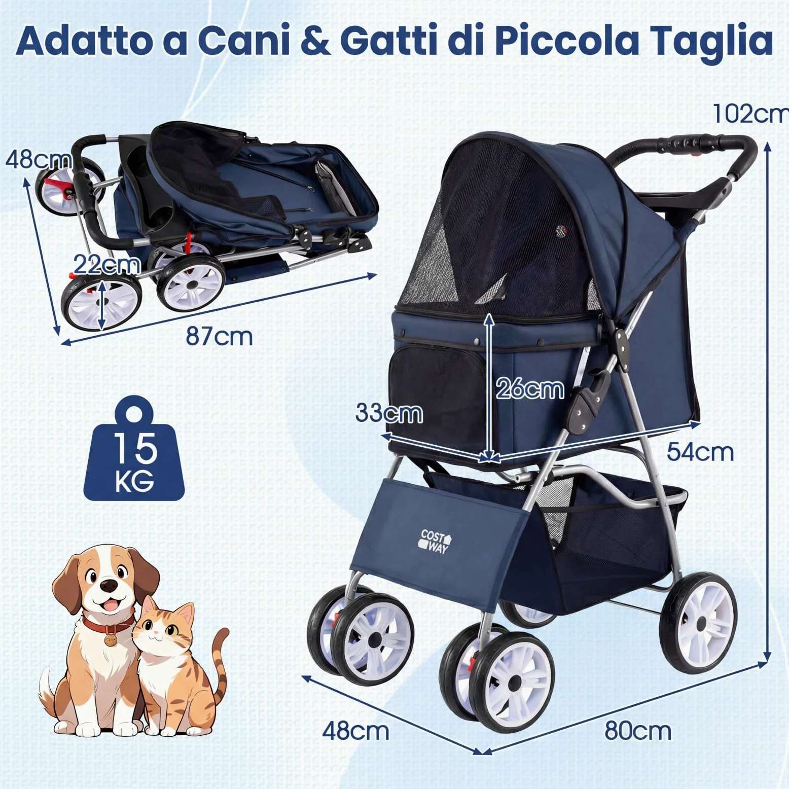 COSTWAY Passeggino per Cani Piccoli Pieghevole Facile, Carrozzina per Cani Portata Fino a 15 kg con Rete Traspirante e Copertura Impermeabile, Passeggino per Gatti per Viaggio (Blu)