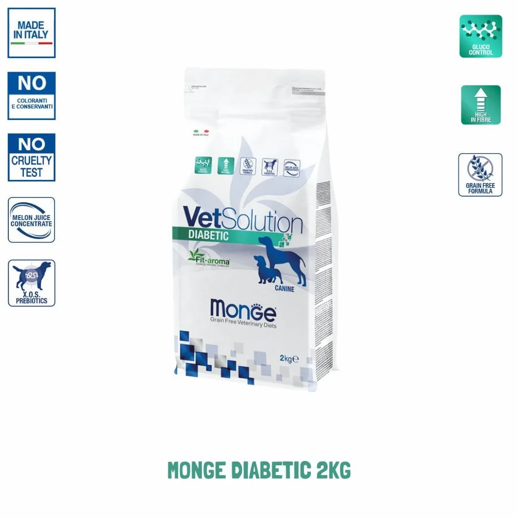 Monge Vetsolution Diabetic Cane All Breeds 2kg, alimento completo per cani di tutte le taglie con diabete,2kg.