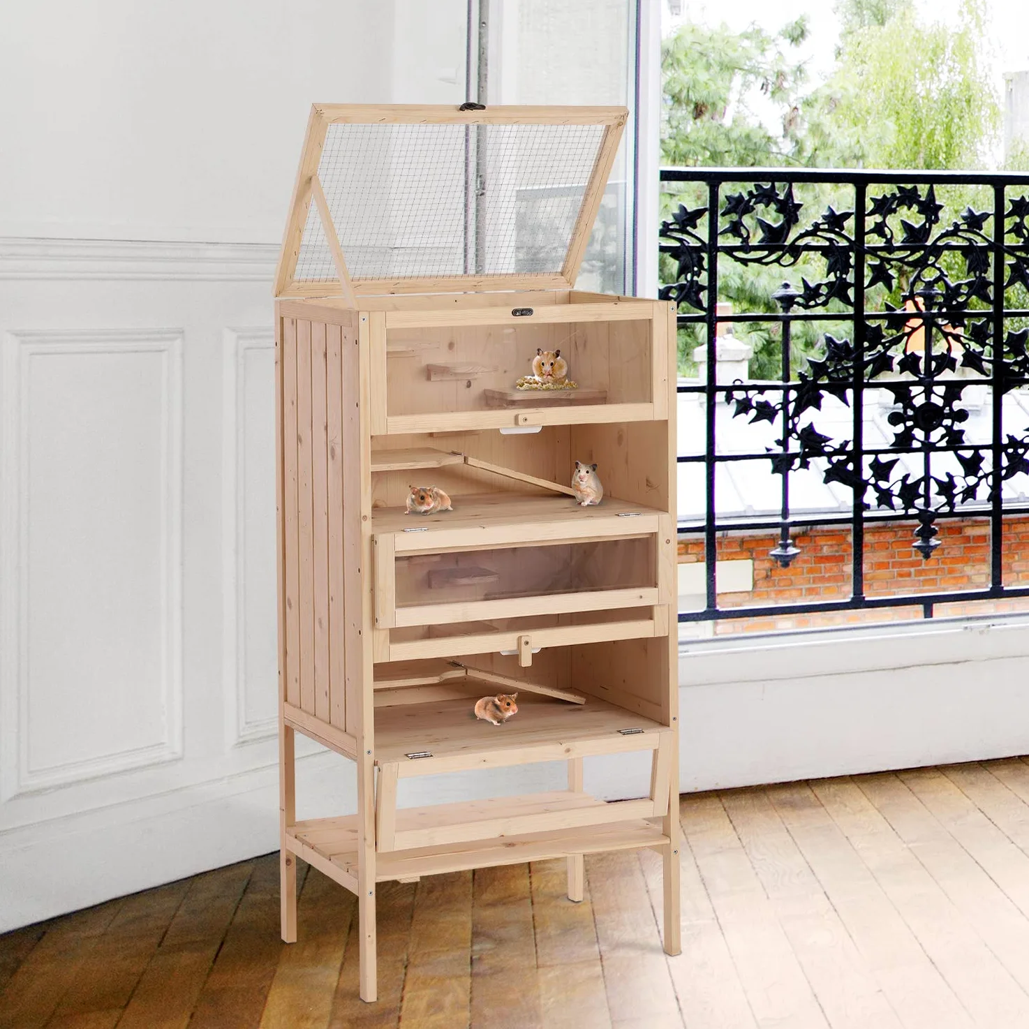 PawHut Gabbia per Roditori e Criceti a 4 Ripiani con Tetto Apribile in Legno 60x40x120cm