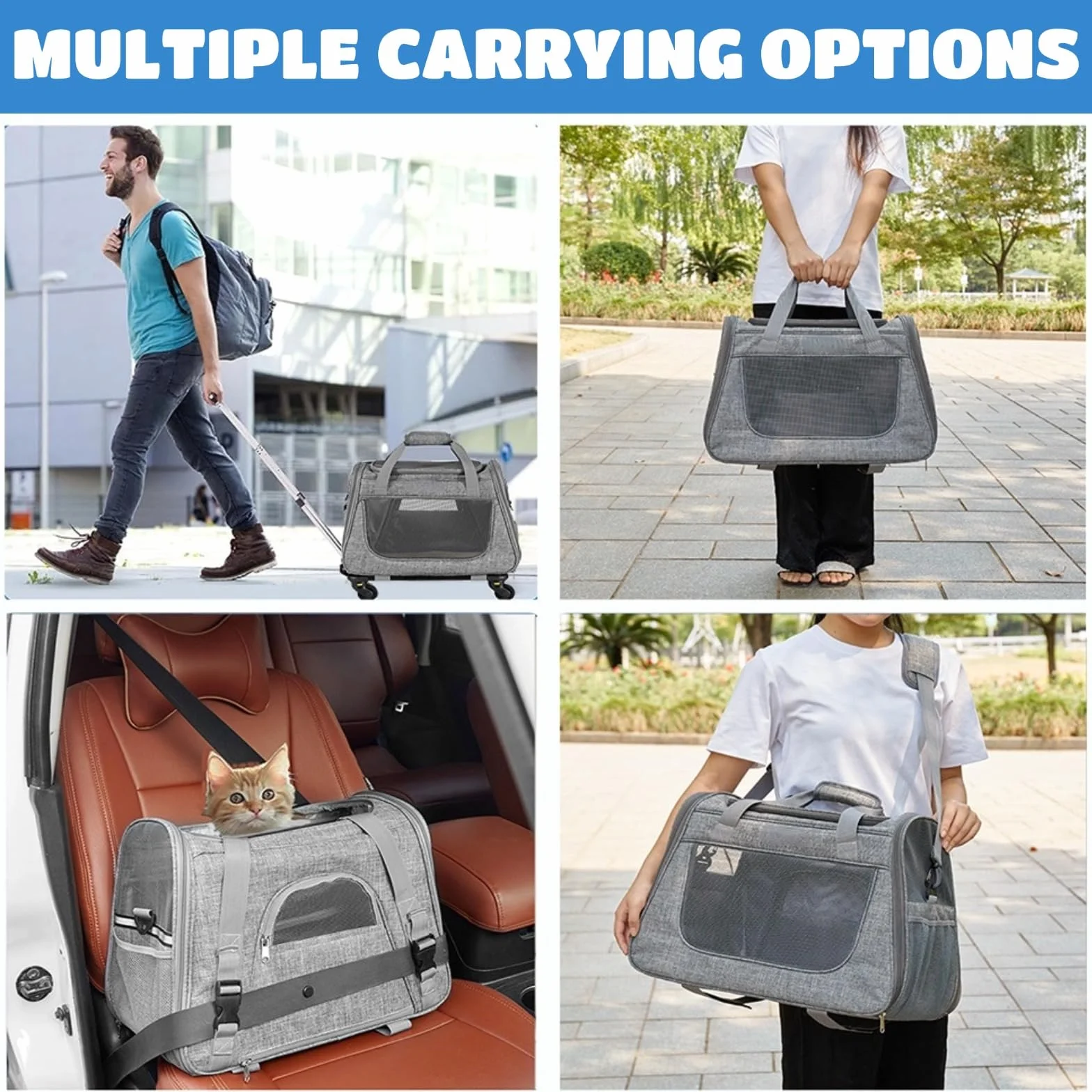 Trasportino per Gatti Cani con Ruote Trasportino per Cani Domestici su Ruote Trasportino da Viaggio per Animali Domestici 2 in 1 Trolley per Gatti con manico e tracolla