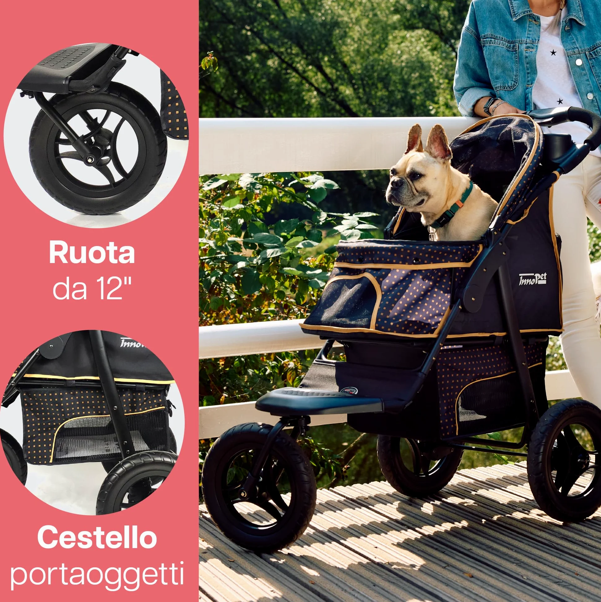 Passeggino Innopet Adventure per cani e gatti, nero/giallo - Passeggino fuoristrada Capacità 30 kg - Ruote antiforatura - Chiusura con una sola mano - Portabicchieri e ampio vano portaoggetti