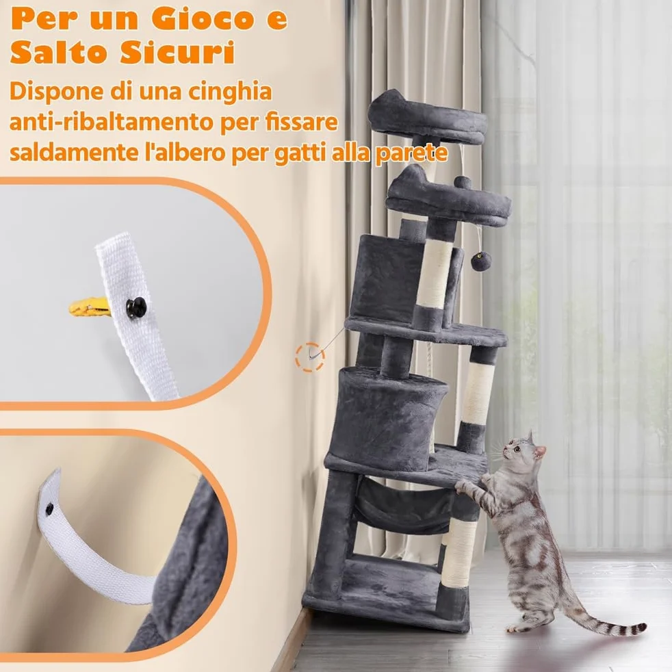 Yaheetech Albero Tiragraffi per Gatti Adulti Grandi Medi con Giocattolo Gioco Palle in Corda Sisal Naturale 61 x 49 x 158 cm Grigio Scuro