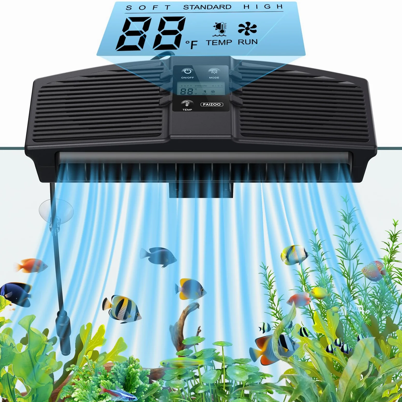 PAIZOO - Ventola di raffreddamento per acquario, ventilatore di raffreddamento per acquario con sonda di temperatura e display LCD, refrigeratore d'acqua per acquario, accessori per pesci Axolotl