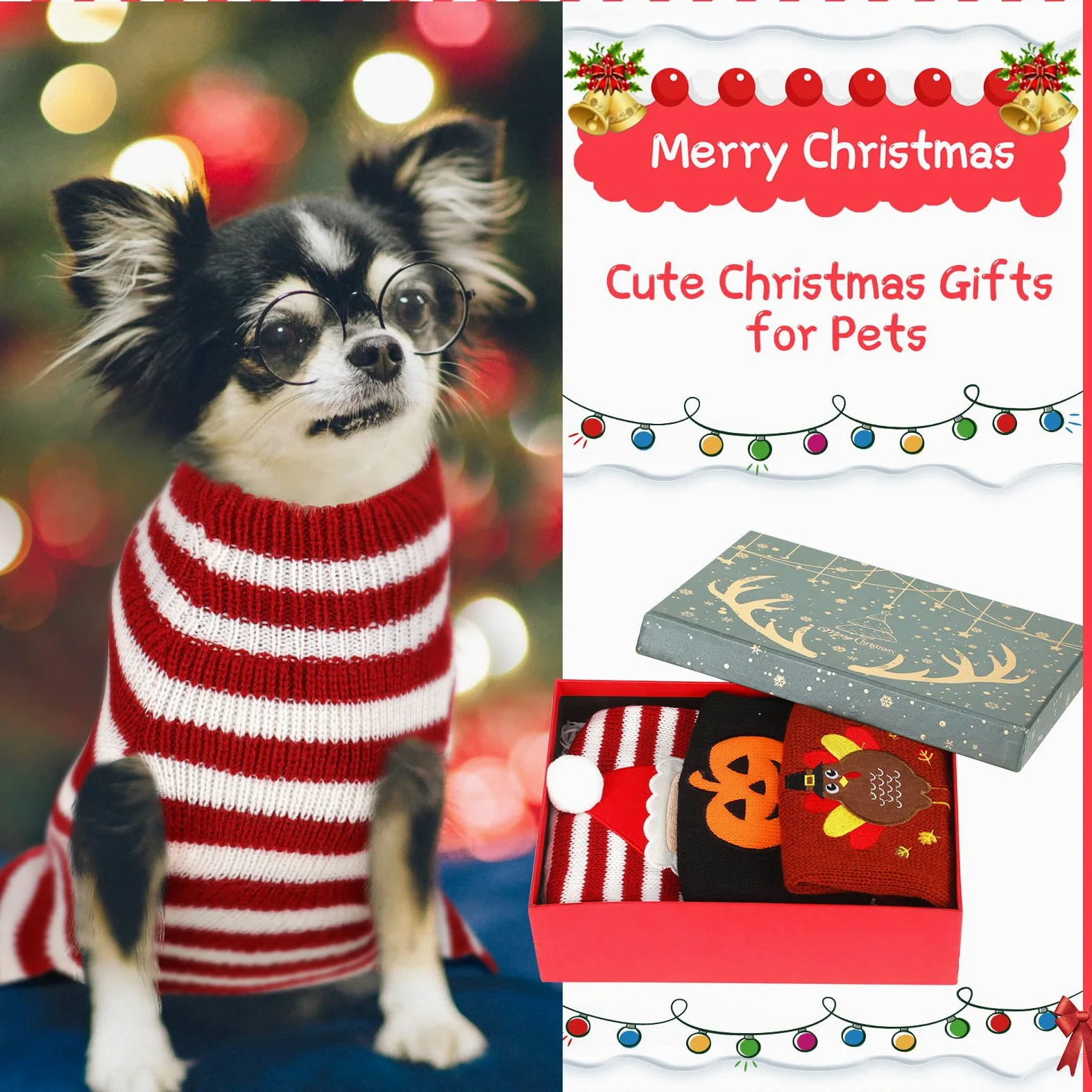 3 pezzi Halloween Ringraziamento Natale cane maglioni set zucca tacchino santa cucciolo cane vestiti maglia PET per cane gatto animale domestico costume (S)