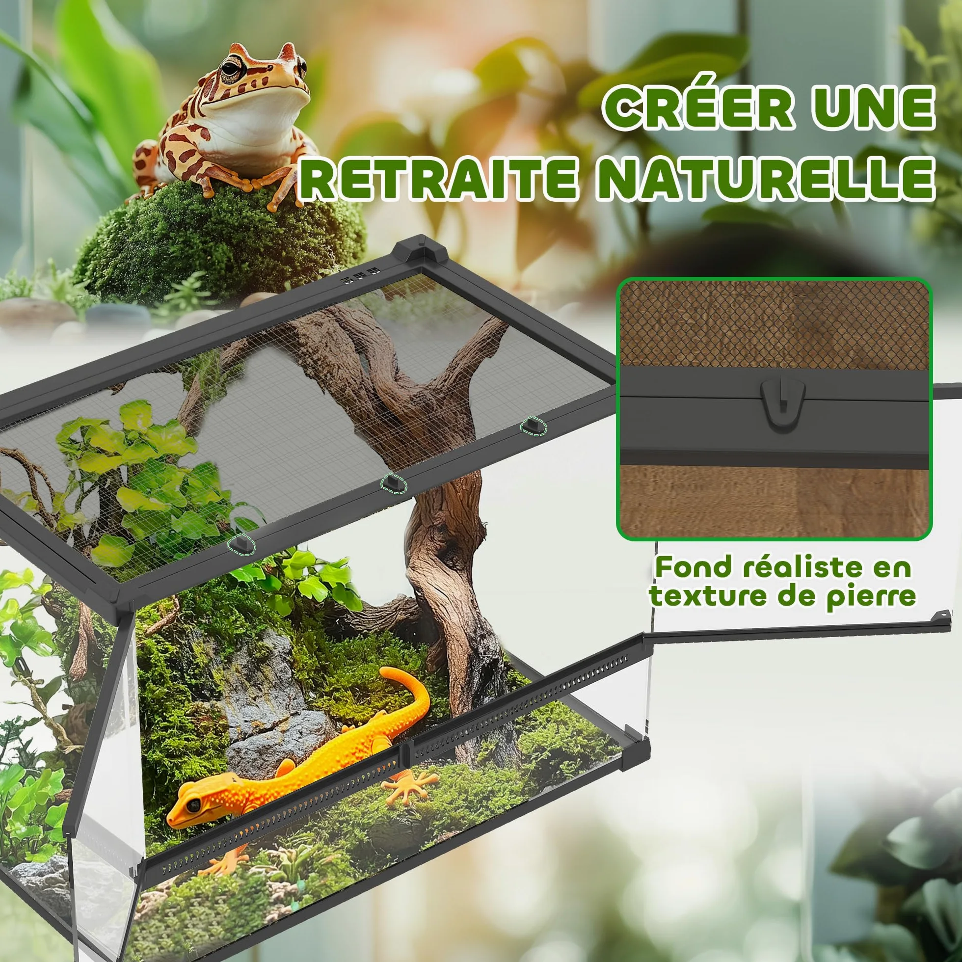 PawHut Contenitore per rettili, contenitore per l'allevamento di rettili, habitat per terrario con chiusura di sicurezza a rotazione, ventilazione frontale, nessun assemblaggio richiesto, 50 x 30 x