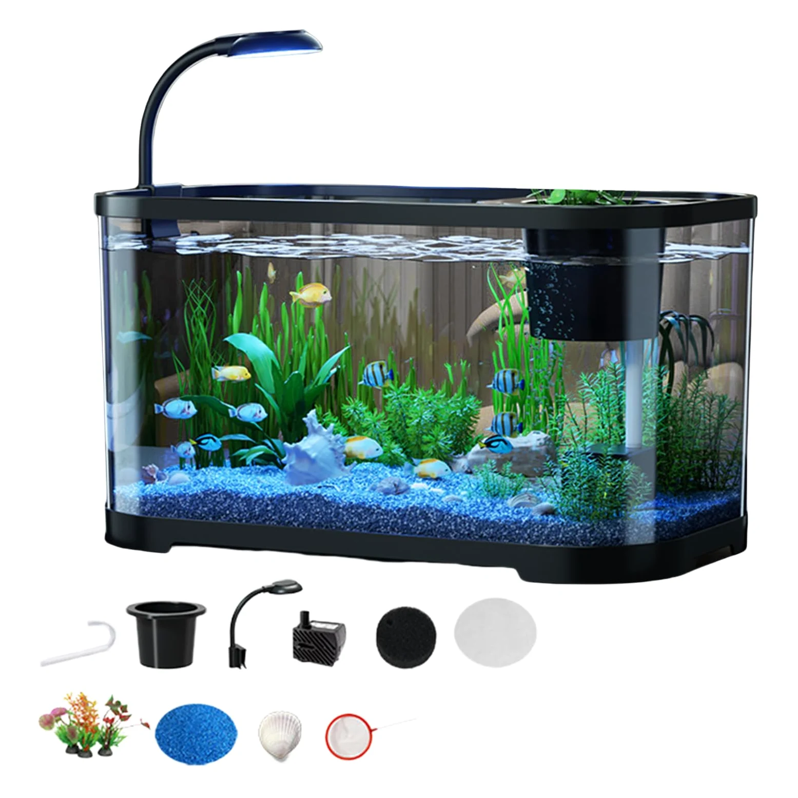 Set iniziale compatto per acquario, pesce rosso, set per principianti | Acquario silenzioso, vasca da scrivania decorativa per pesci da combattimento, rana e abitanti acquatici