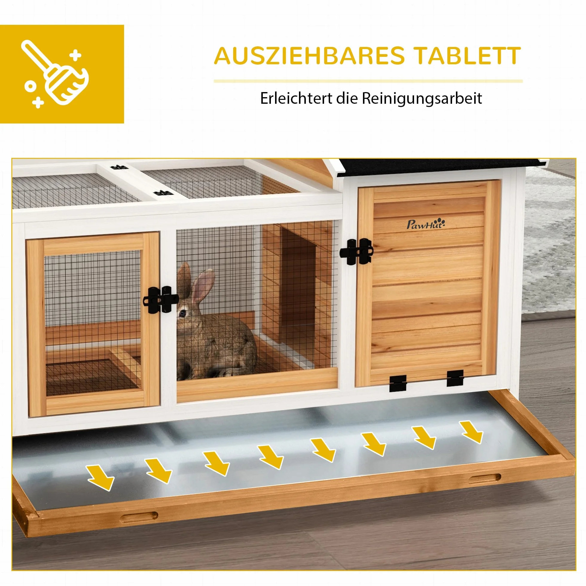 PawHut conigliera nana in legno, 108 x 58 x 73,5 cm Conigliera per piccoli animali con recinto per animali liberi, ruote, tetto incernierato, gabbia per conigli nani con vassoio estraibile per