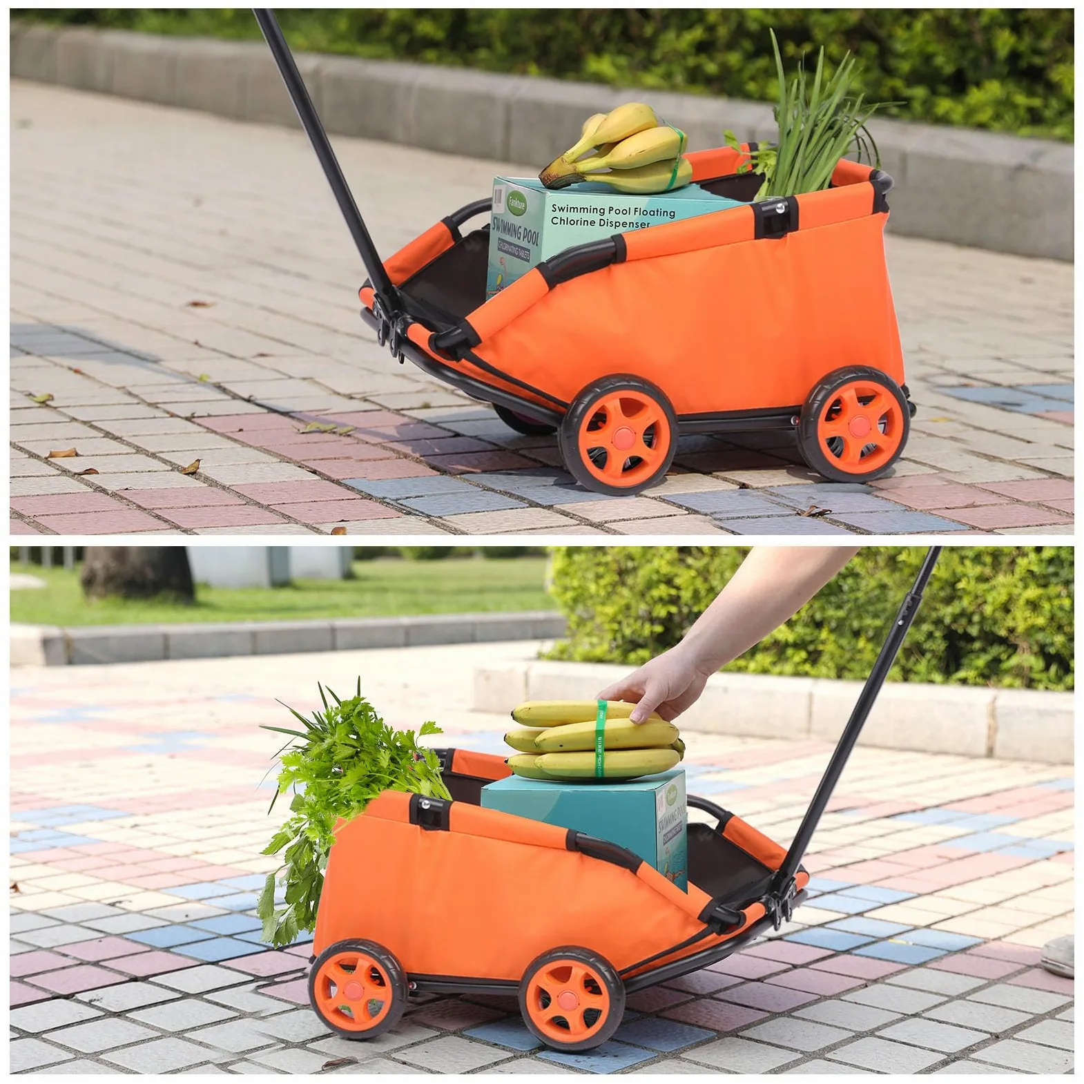 Passeggino per mini animali domestici, carrello della spesa pieghevole multifunzionale con maniglia estensibile, cuscino integrato e corda di sicurezza con borsa (arancione)
