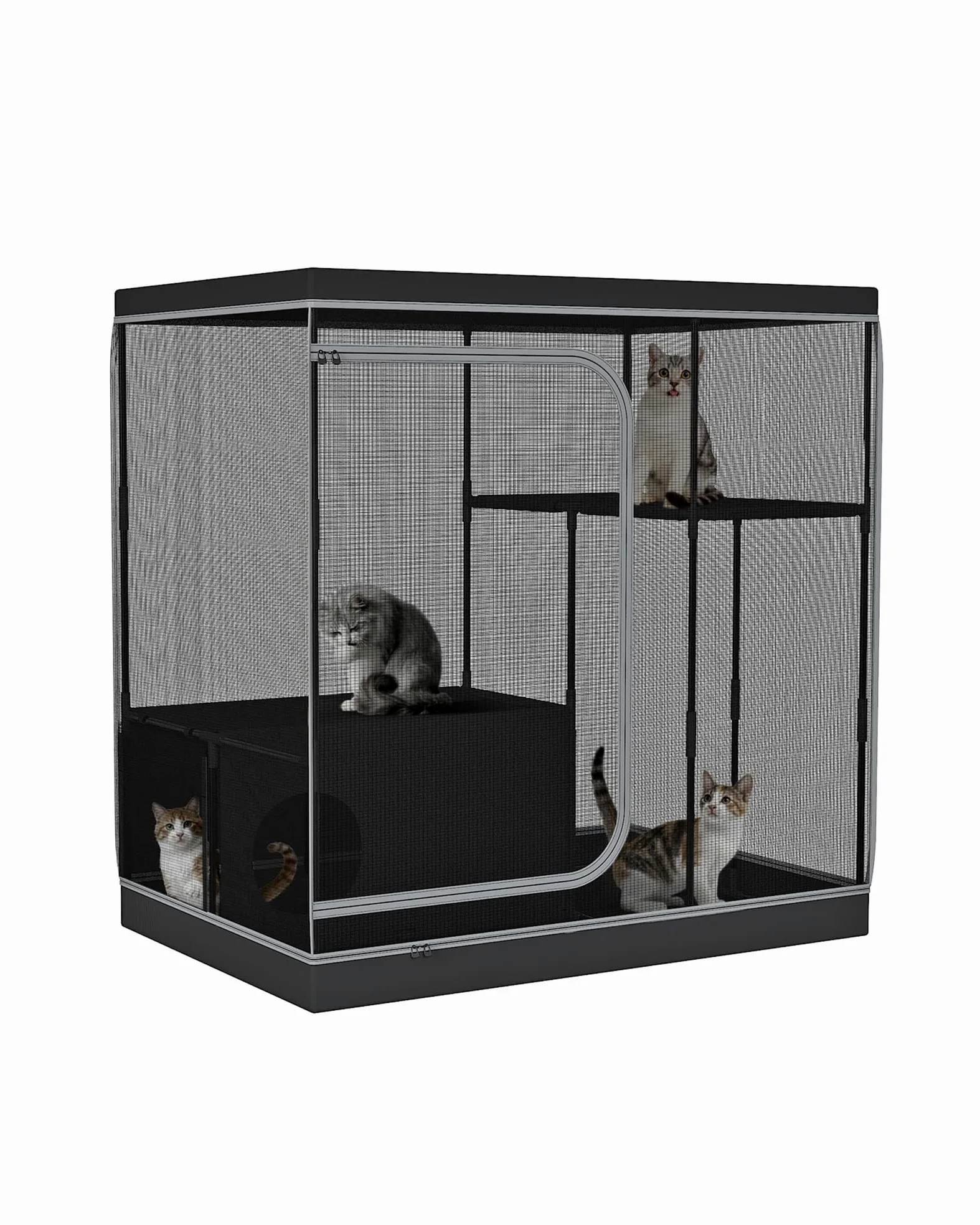DINMO Gabbia per Gatti Grande, Recinto Interno per Gatti con Vaschetta Igienica, Recinto per Piccoli Animali, Cuccia a Più Livelli, Recinto per Animali con Fondo Impermeabile, Nero