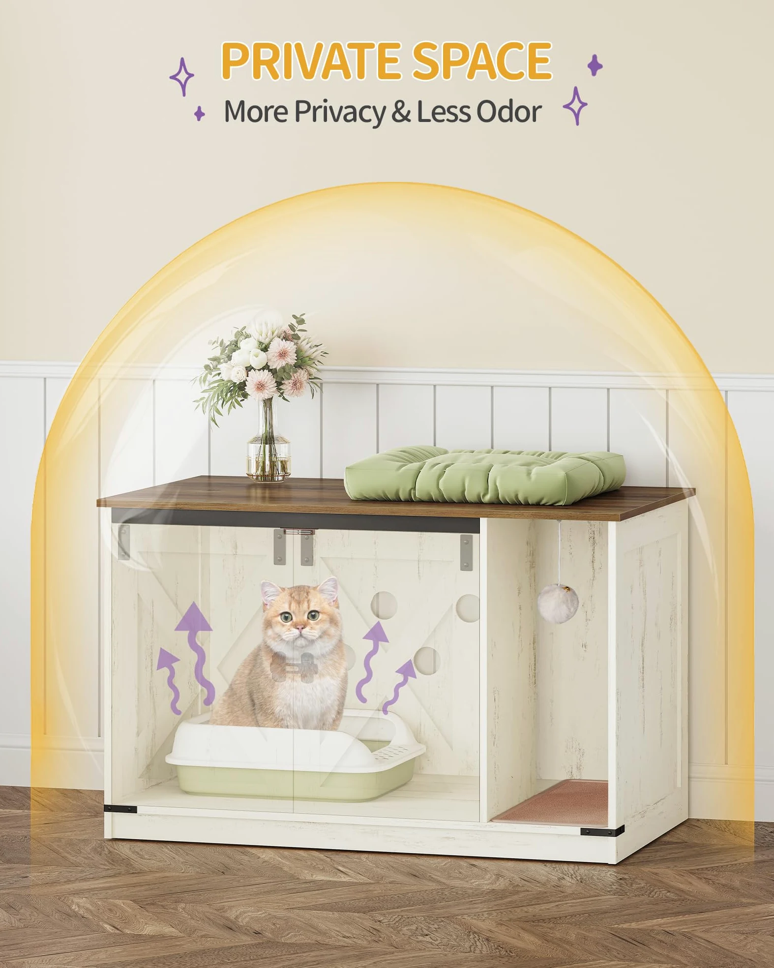 Hzuaneri Mobile Lettiera per Gatti, Mobile per Lettiera Gatto con Campana per Gatti, Casa per Gatto da Interno, 100 x 55 x 63 cm, per Corridoio, Camera da Letto, Marrone Rustico e Bianco CB85214X