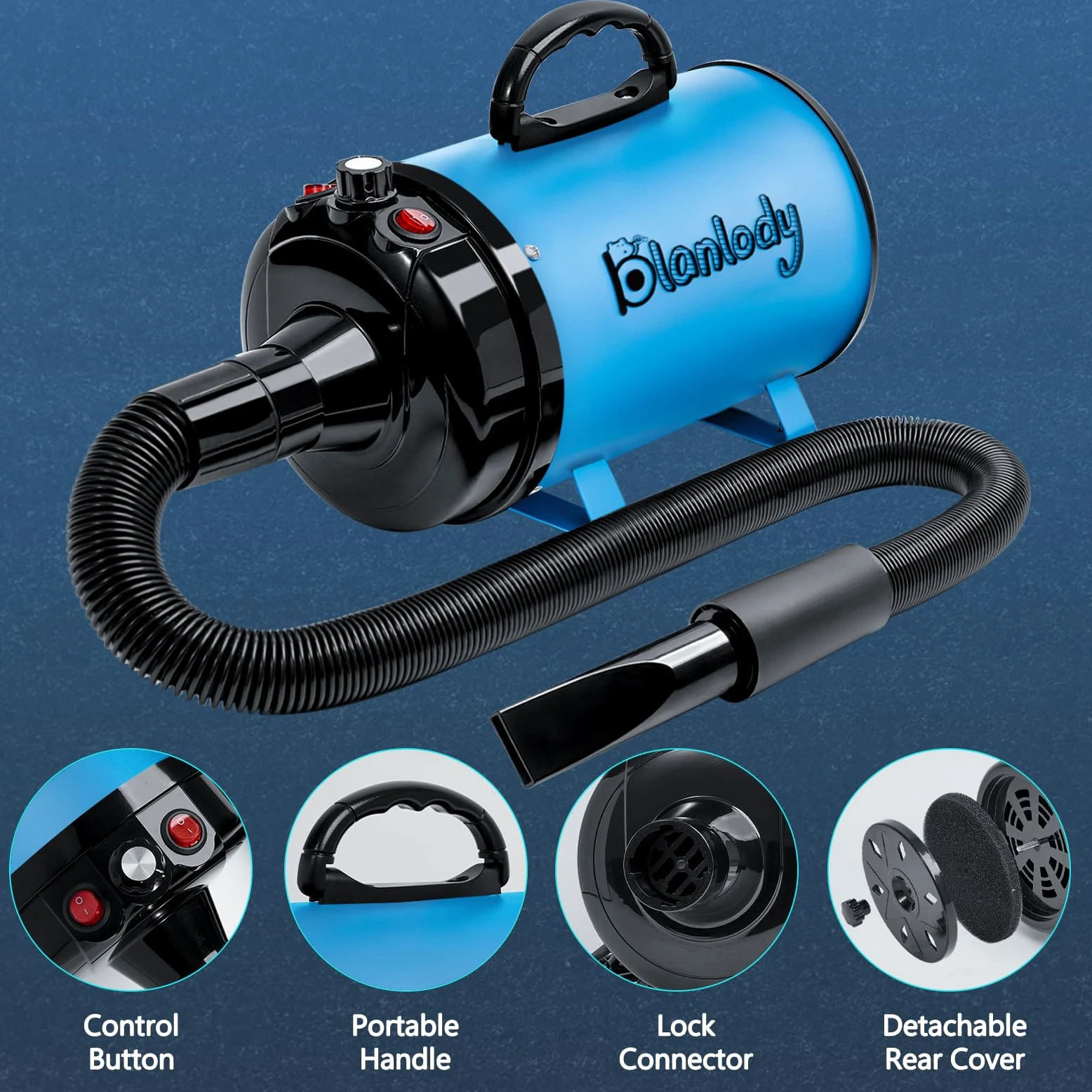 Soffiatore per Cani Blower Molto Silenzioso, 5,2 CV/3800 W, Velocità Regolabile, Ventilatore per la Cura Del Cane con 4 Diversi Ugelli, Tubo Elastico