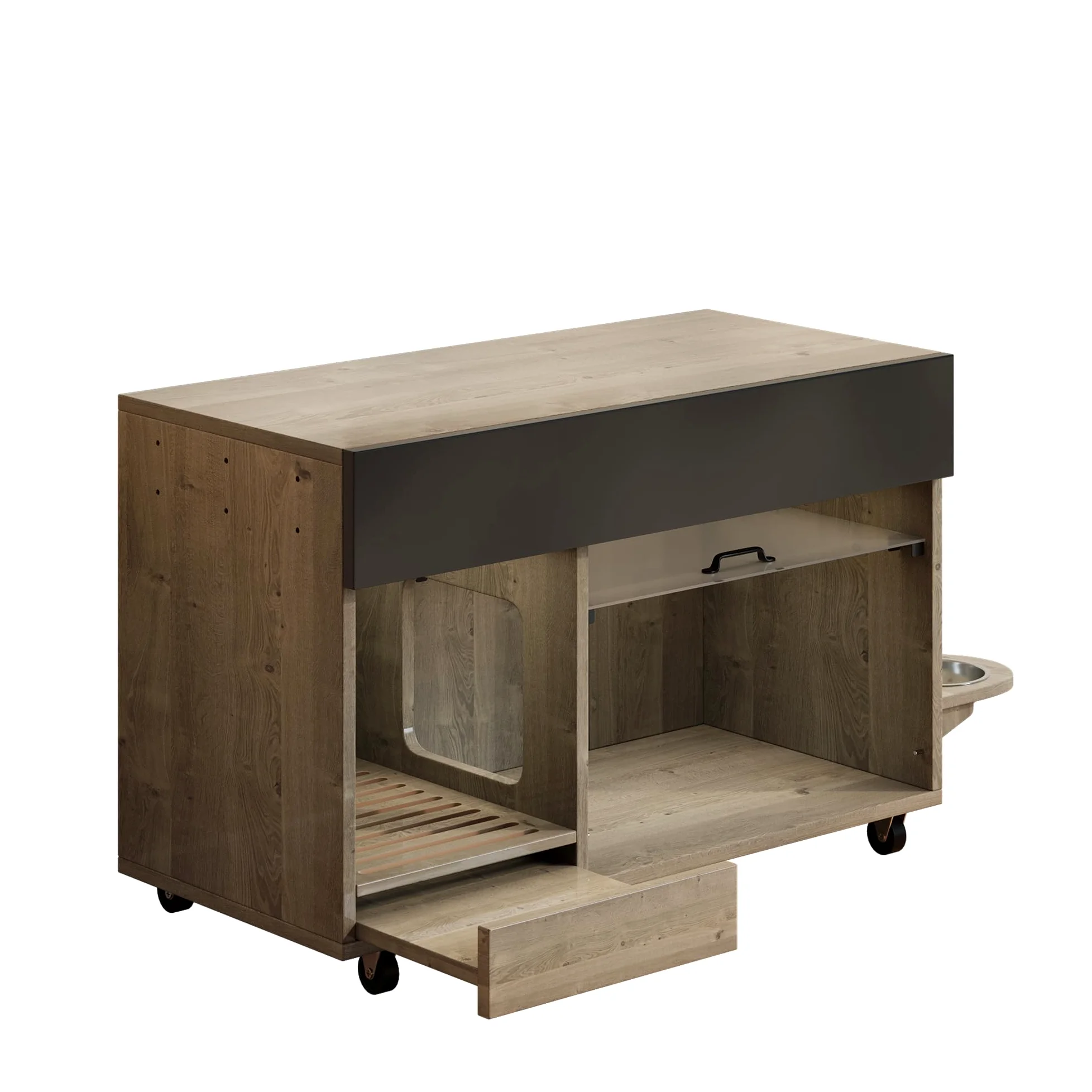 REXO Lettiera mobile per gatti con piatto per cibo per gatti, vassoio di raccolta della sabbia, piastra forata con gancio, senza lettiera per gatti, 100 × 45,5 × 67 cm, grigio antico e marrone, colore