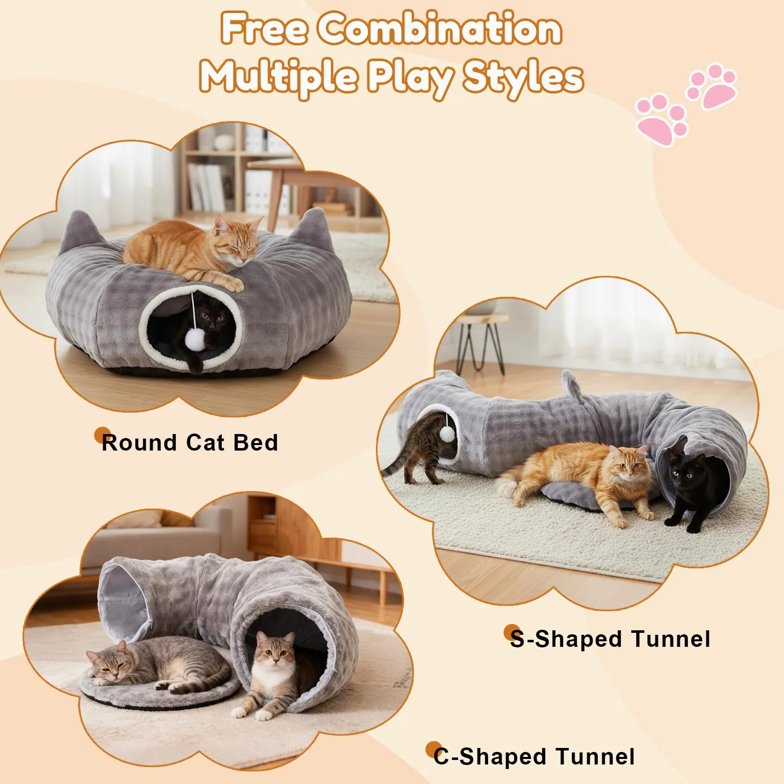 Tunnel per Gatti, Tunnel Gatto e Cuccia 2 in 1 con Giocattoli Pendenti, Tunnel Gatto con 2 Ingressi, Cuscino Circolare Lavabile, Tubo per Gatti Gioco Pieghevole per Gattini/Cuccioli/Conigli