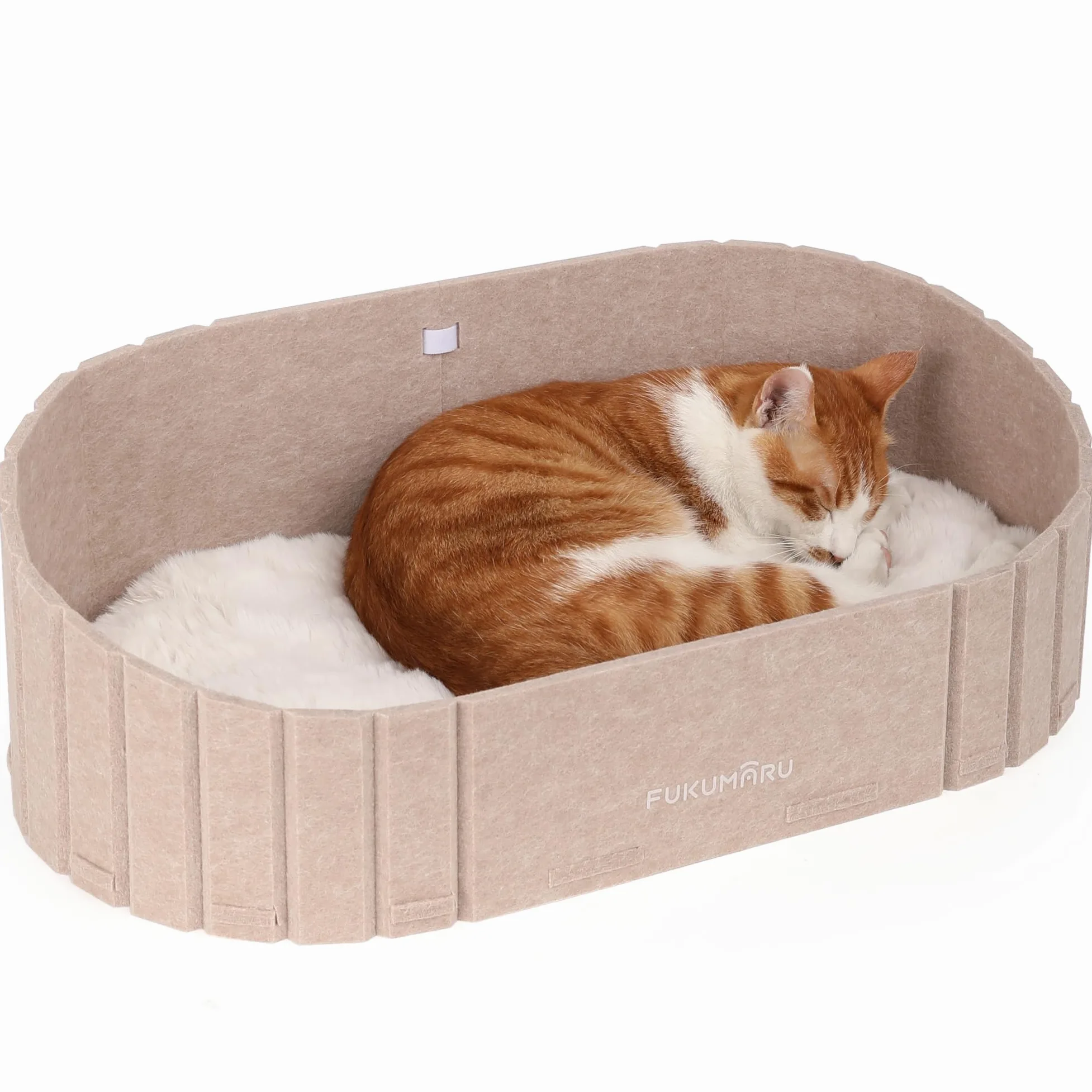 FUKUMARU Cuccia per Gatti Interno- Letto Extra Large 60 cm con Cuscino in Peluche Finto Coniglio, Divano/Casa Ovale in Feltro per Gatti Domestici. Sabbia
