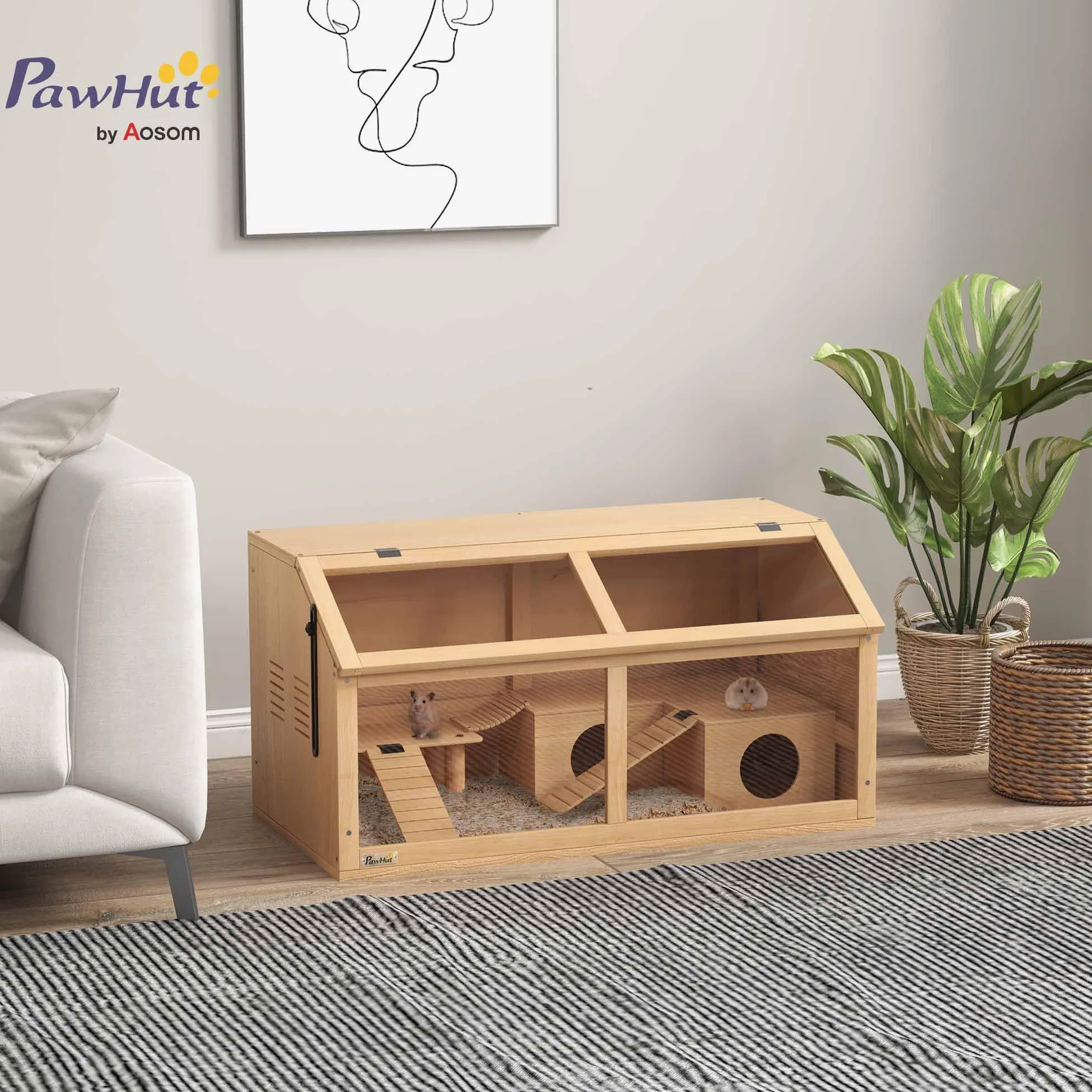 PawHut Gabbia per Criceti Apribile con Piattaforma, Scalette, Capanna e Ponte, Gabbia per Roditori in Legno di Abete, 85x45x44 cm, color Legno