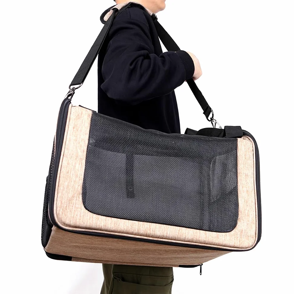 Trasportino per cani e gatti, borsa porta-cane traspirante per animali domestici, trasportino da viaggio con ventilazione, tasche laterali, due porte con tracolla per auto (Marrone, 35x40x45cm)