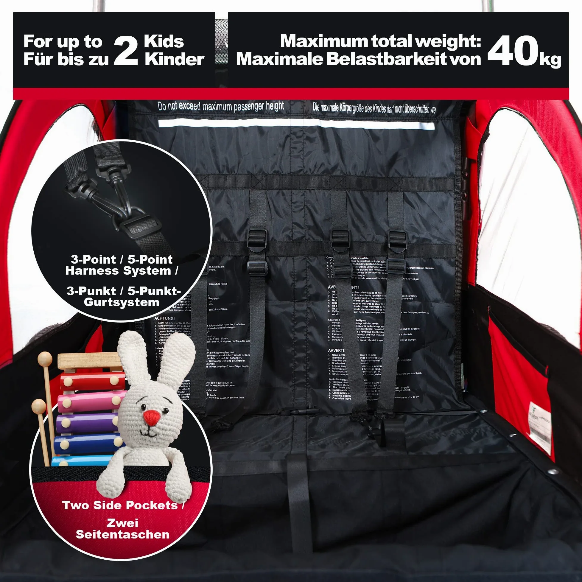 Jago® Rimorchio per Bicicletta - 2 Posti, da Bambini 12+ Mesi, Fissaggio a 5 Punti, Pieghevole, Tasche Laterali, Carico Massimo 40kg, in 3 colori - Carrellino Cani, Passeggino