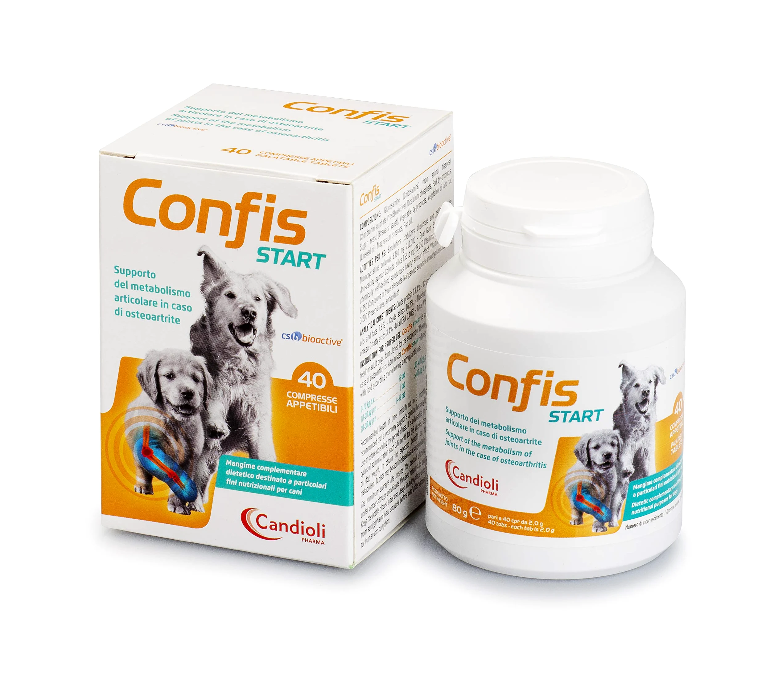 Candioli Confis Start - Supporto del metabolismo articolare in caso di osteoartrite per cani adulti e cuccioli, Barattolo da 40 compresse, 80 gr