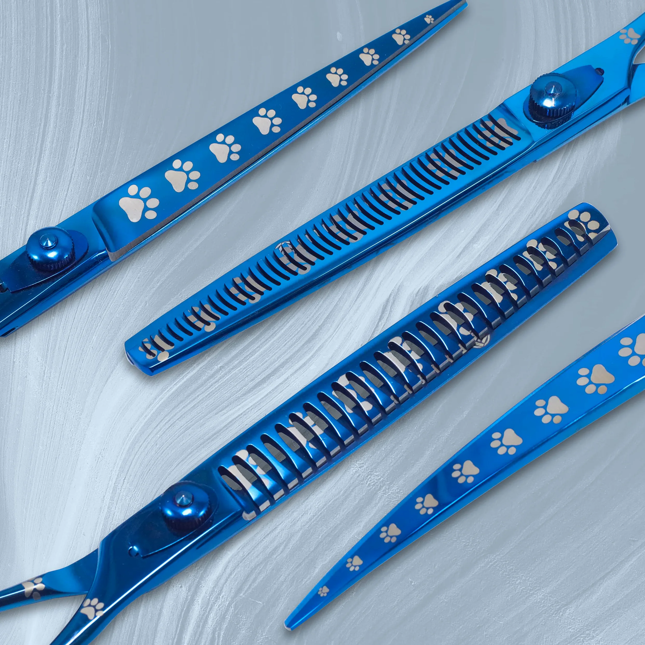 Set di forbici professionali per la toelettatura del cane, dritte, curve, diluenti/frullatore e chunker con impronte di zampe per cani, blu, acciaio inossidabile 20.5 cm)