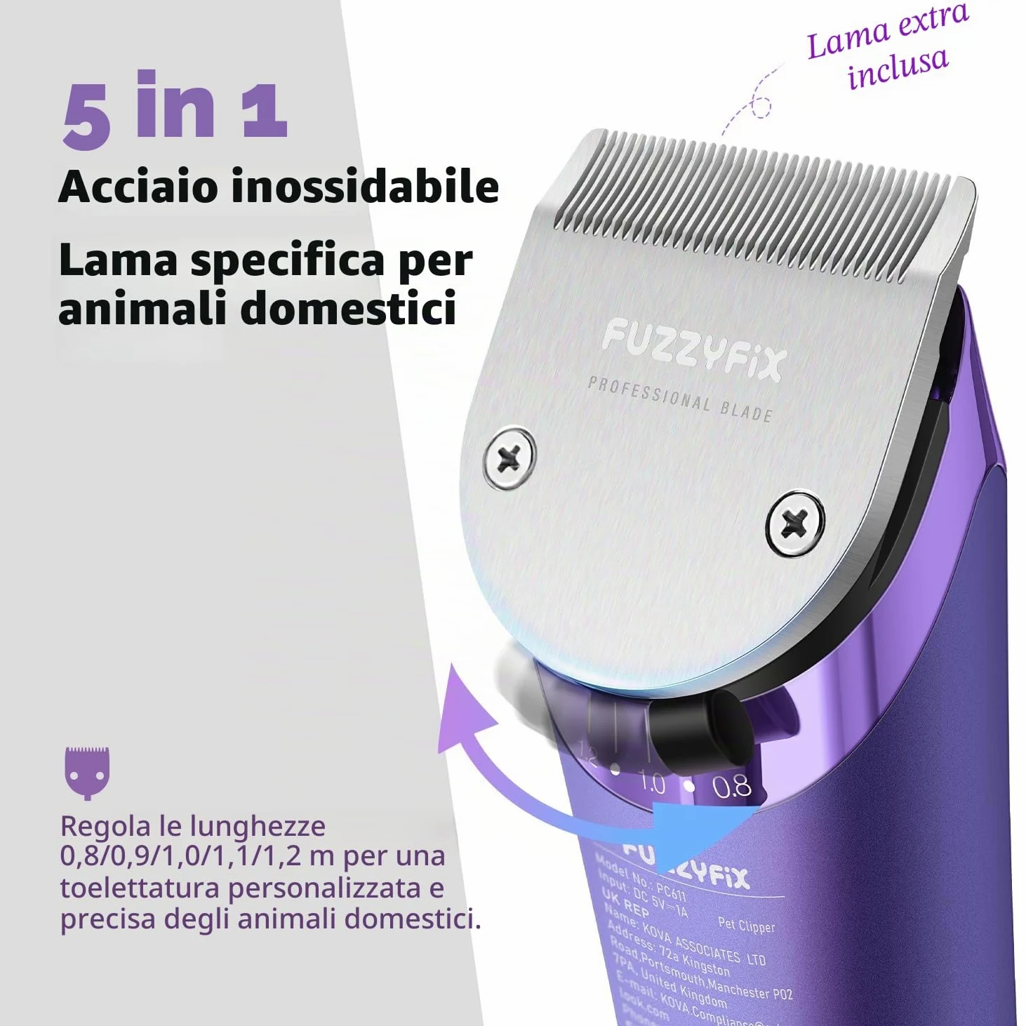 Tosatrice per cani professionale con lama di ricambio, kit per la toelettatura degli animali domestici senza fili con lama regolabile 5 in 1, rifinitore ricaricabile a 2 velocità