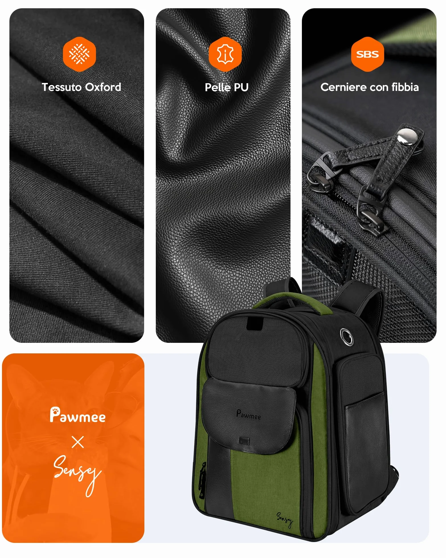 Zaino per Gatti con Portalettiera, Pawmee x Sensej, Portatile e Salvaspazio, Zaino Espandibile con Rete Traspirante, per Gatti Fino a 8kg, Ideale per Viaggi, Escursioni, Black Green