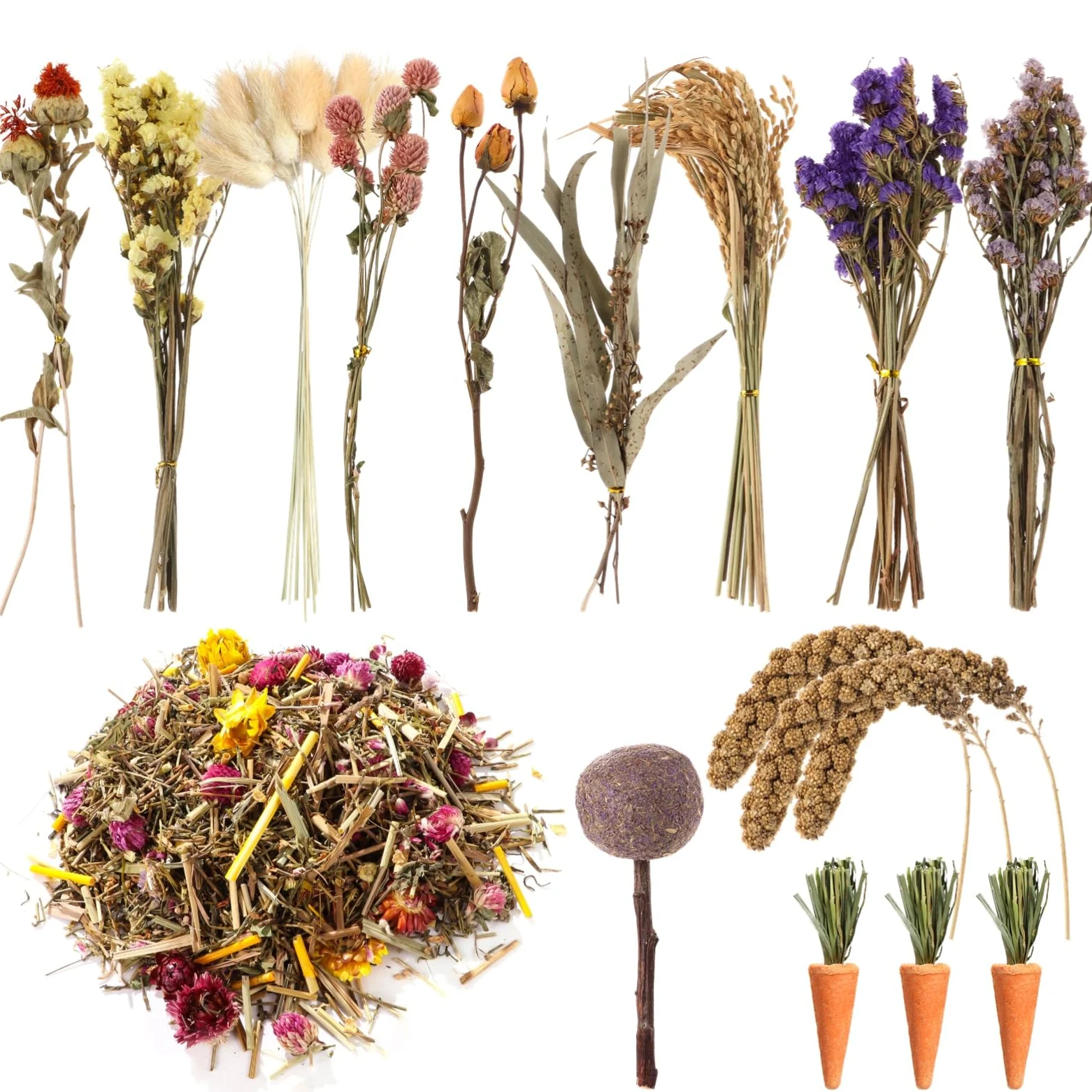 Homaisson Erbe naturali spray per criceti, decorazione per gabbia di criceti, semi di grano, fiori secchi per criceti, gerbilli siriani nani, porcellini d'India