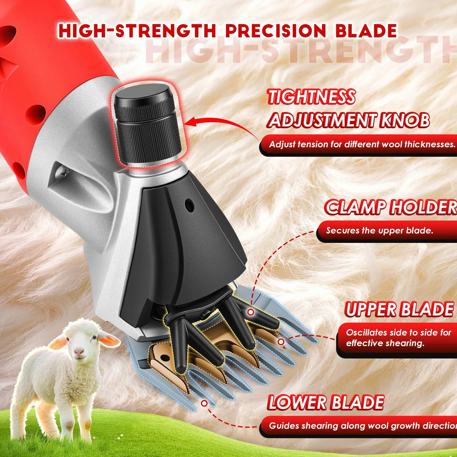 CGOLDENWALL 1200W Tosatrice per Pecore Elettrica Professionale, Motore Alte Prestazioni 3800RPM, Regolazione 6 Veli, Lama a 13 Denti per Pecore, Capre, Alpaca & Bestiame con Pelliccia Spessa