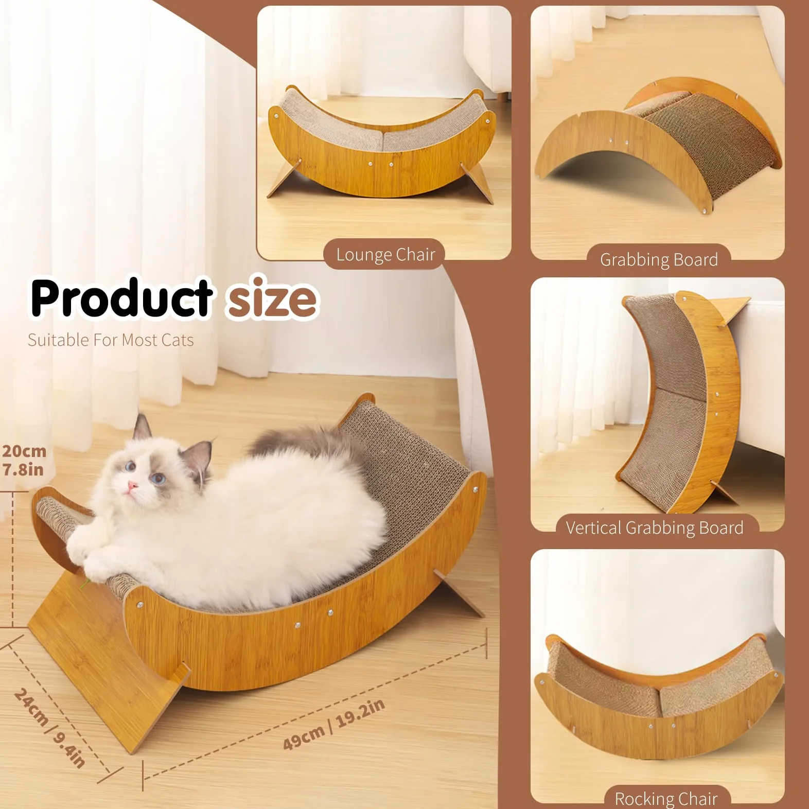 PETCUTE Tiragraffi in Cartone per Gatti,2 in 1 Sedia a Dondolo per Gatti e Letto per Dormire,Robusto Mobile in Legno per Animali Domestici, Multiuso,Grande Tiragraffi per Gatti con Piedini Rimovibili