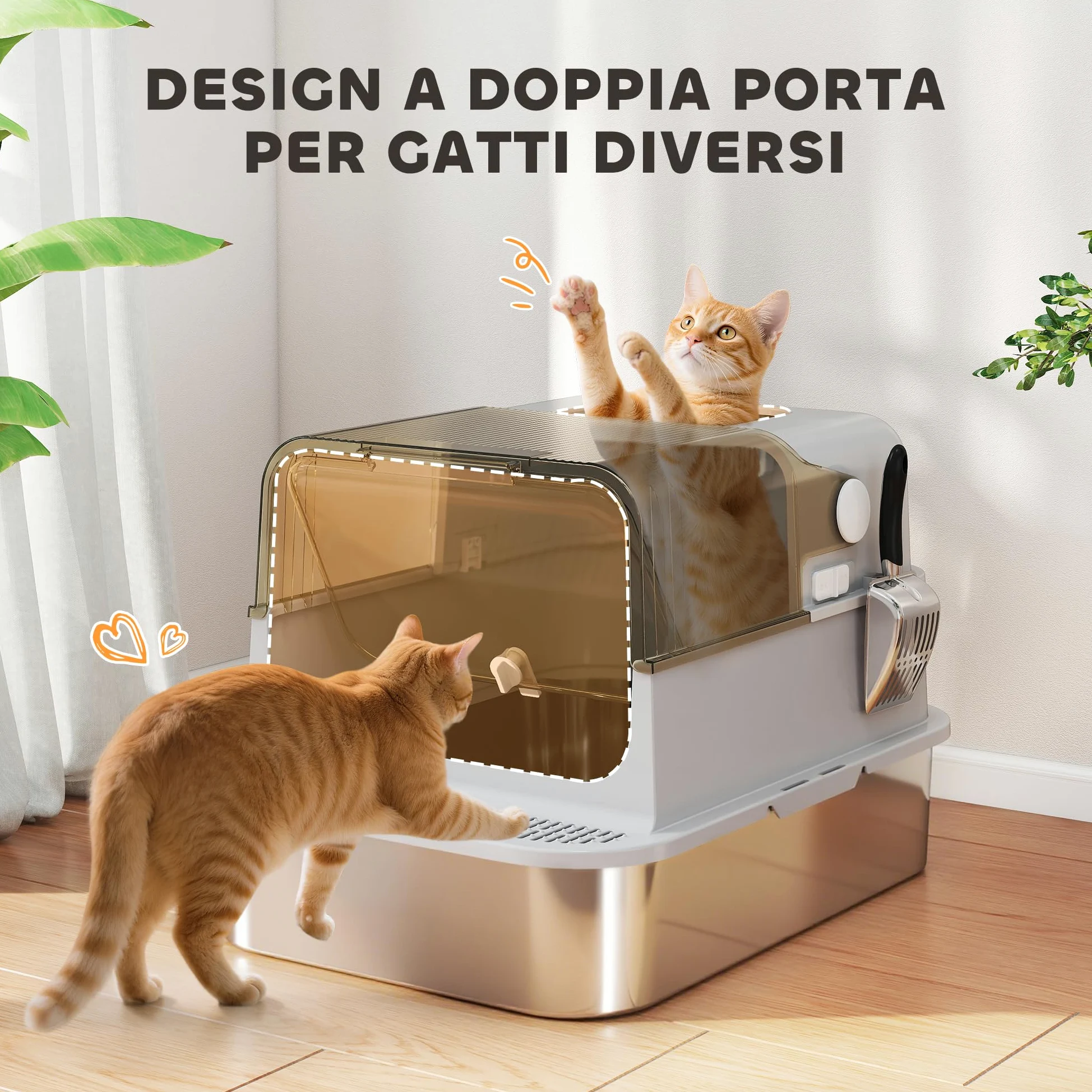 PawHut Lettiera per Gatti XXL con Coperchio in Acciaio Inox, Lettiera Chiusa con Coperchio Apribile a 90°, Doppie Porte, Paletta e Deodorante, Capacità 20 kg, 70x50x46.5 cm, Grigio