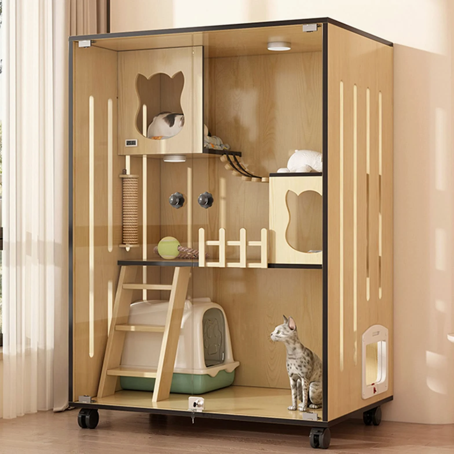 Recinzione per gatti in legno, grande, per interni ed esterni, con porte di fuga e rotelle, gabbia per gatti chiusa multi-funzione, per casa o negozio di animali domestici