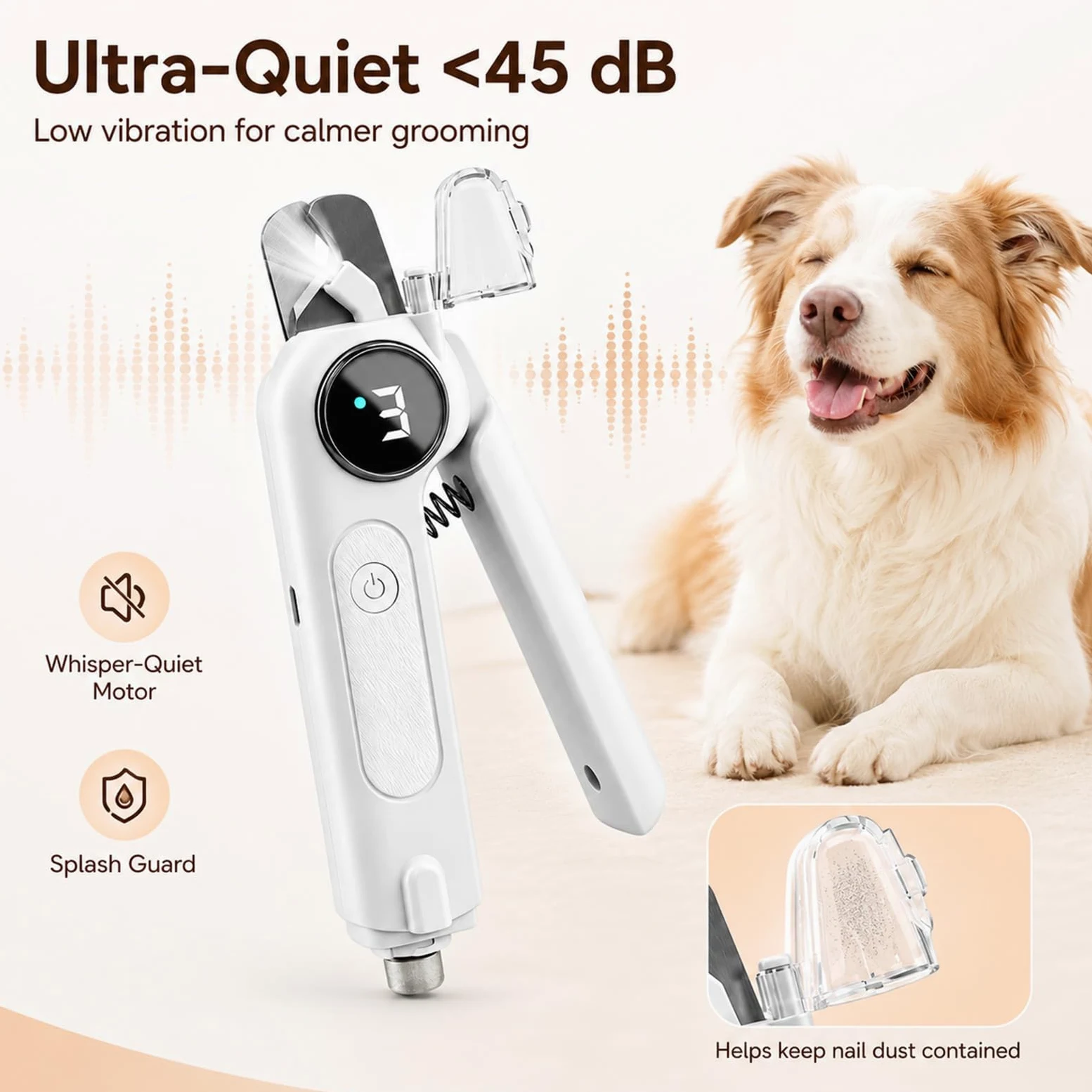Tagliaunghie 2 in 1 per animali domestici, con luce LED, silenzioso, ricaricabile USB-C, per cani, gatti, cuccioli e gattini